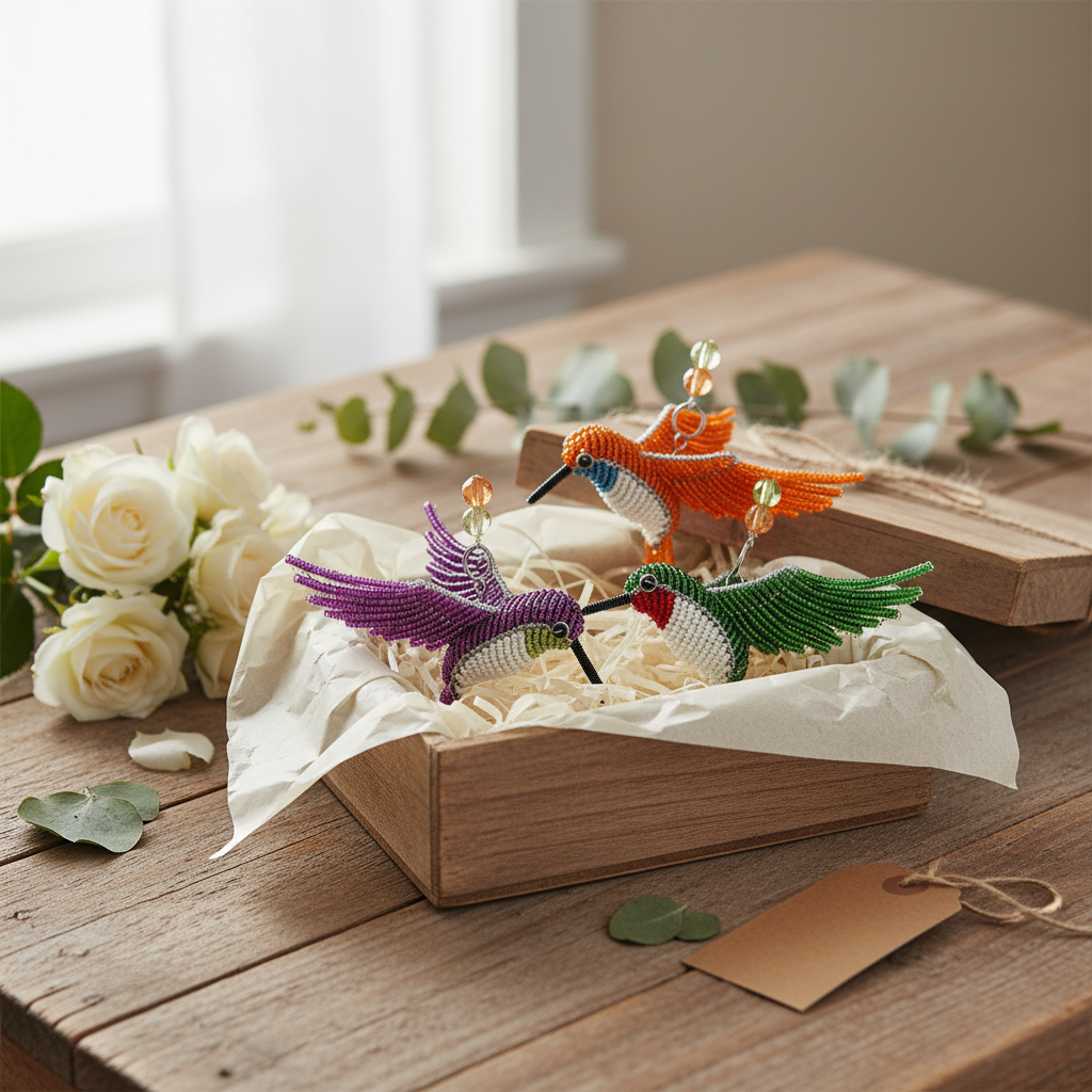 Handmade beaded hummingbird ornaments gift set on rustic table – artisan beadwork gift idea