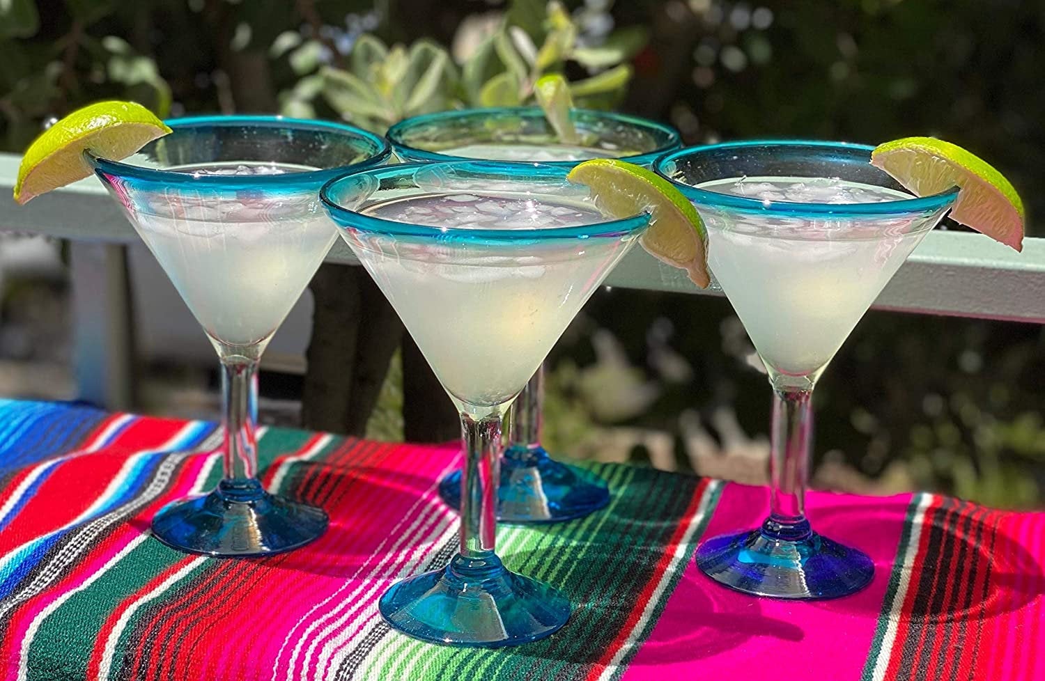 Mexican Hand Blown Glass – Set of 4 Hand Blown Modern Margarita Glasses - Aqua Rim (12 oz) - Dos Sueños
