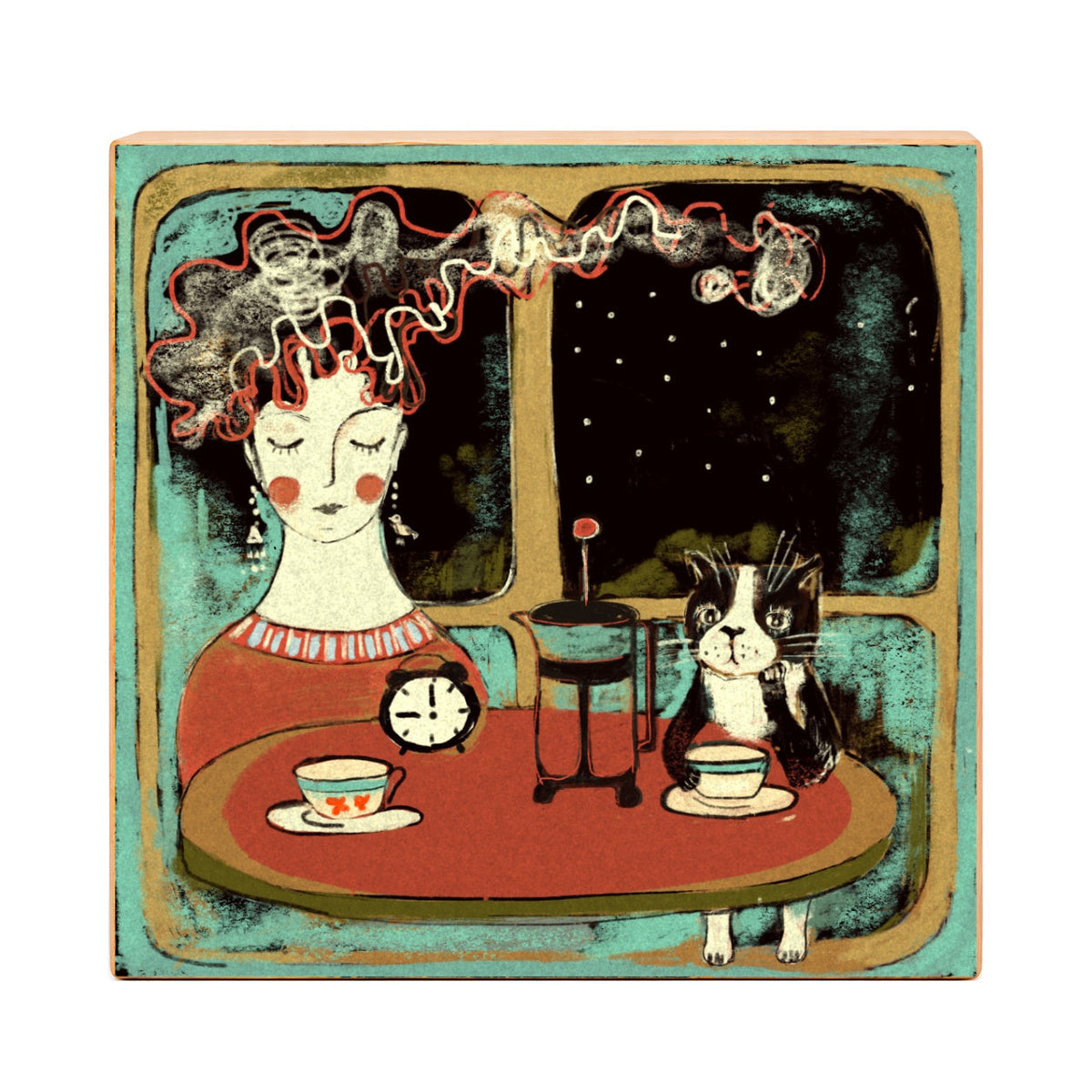 Coffee with Cat night scene art print, front view, mounted on 7/8-inch deep gesso board with natural wood sides