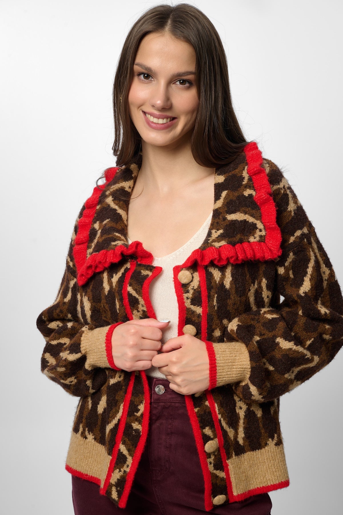 Leopard Collar Button Cardigan - Brown