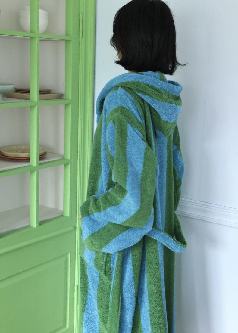 Ultra Soft Retro Whimsical Stripe Bath Robe - 100% Organic Long - stapled Cotton - Retro Whimsical Stripe Bath Robe - Blue & Green Stripe - INSPECIAL HOME