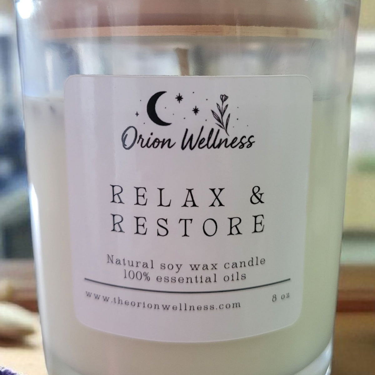 Relax & Restore Candle label close-up, included in Calm Evening Gift Set