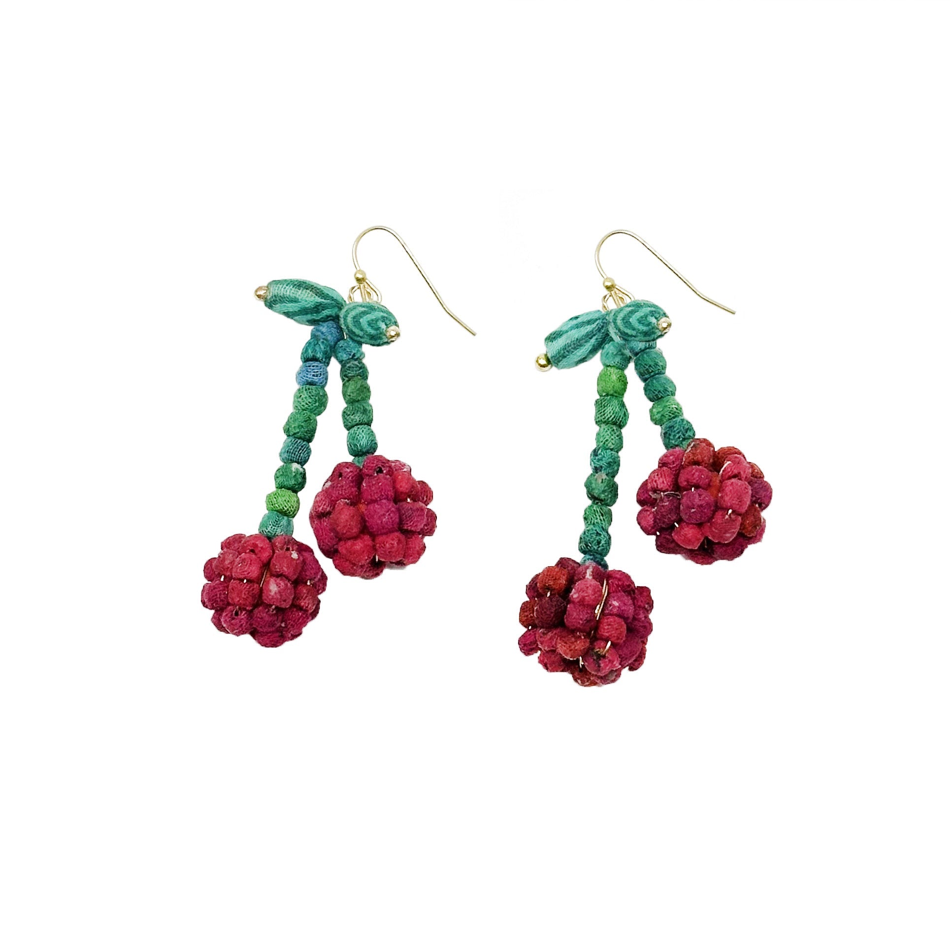 Teeny tiny Kantha fabric beads in cherry red have been crafted into a pair of your favorite fruit, that dangle from green stems.