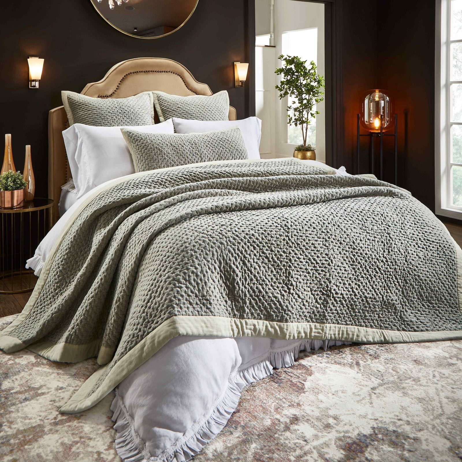 QT-330-9496-PO1223_1|Contemporary sage grey quilt showcasing a distinctive textured popcorn stitch pattern and a light cream border.