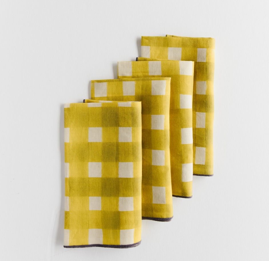 Yellow Cross-Hatch linen dinner napkin set of 4 styled on spring table setting - Goldie Home