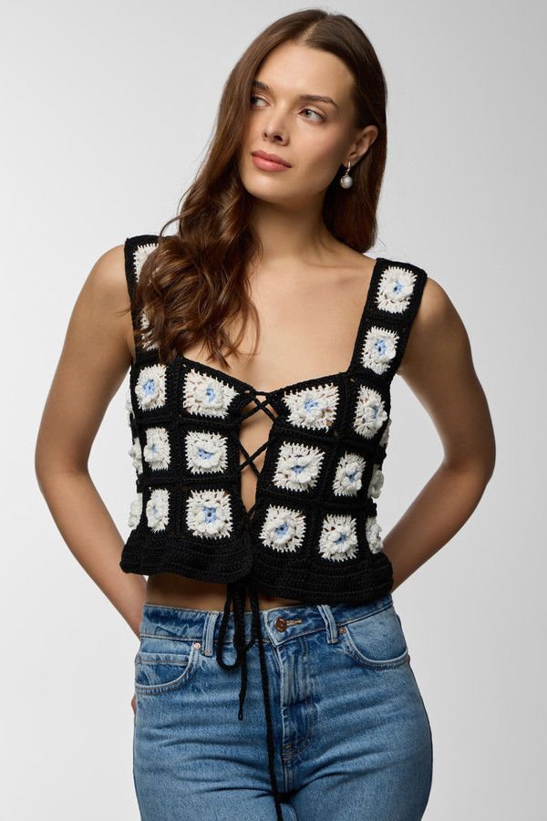 Granny Square Crochet Top - Black