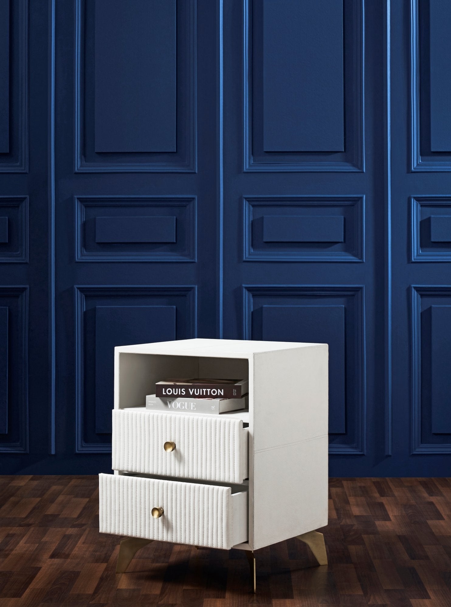 FN-5203-201828_5|Luxury white leather nightstand, modern design with textured drawers, gold pulls and legs, ideal for contemporary homes.
