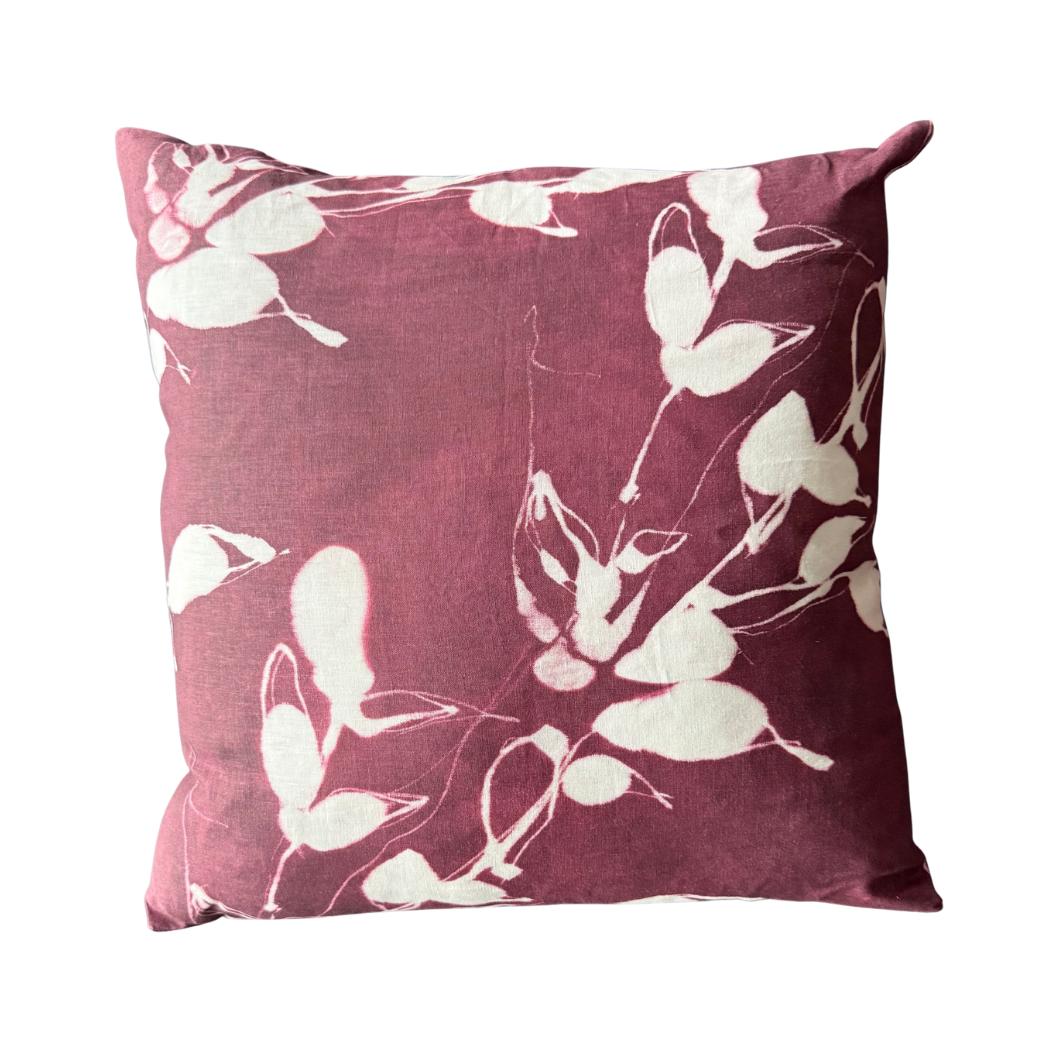 Porto Print Aubergine linen throw pillow 20x20 with hand-painted cascading floral pattern in deep aubergine jewel tones - Goldie Home