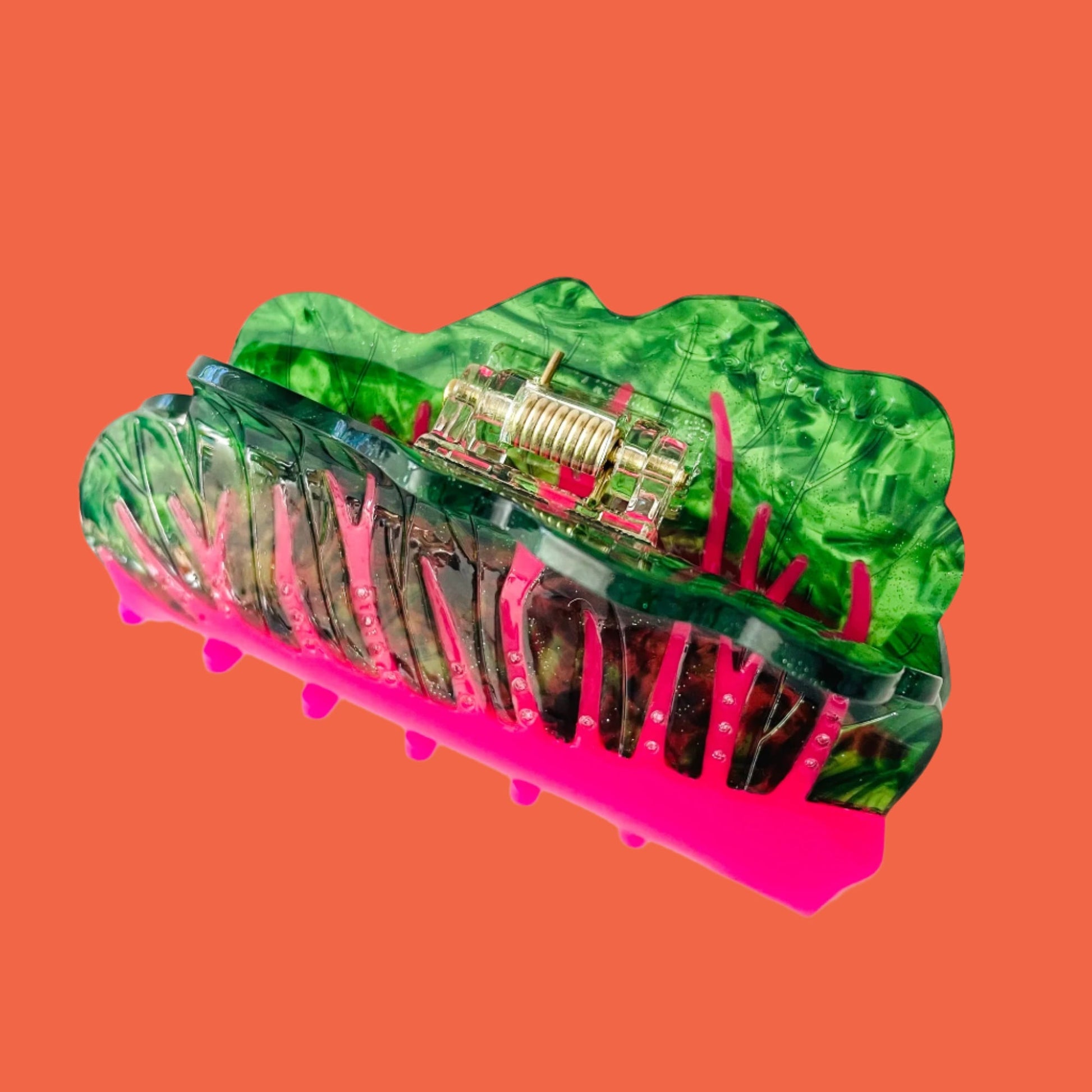 Our beautiful best seller Glowing Chard, green and red rainbow hair claw. Handmade on cellulose acetate, with splice technique, exquisite miniature details and crystals, that are tied directly to its value and make them unique and special. 