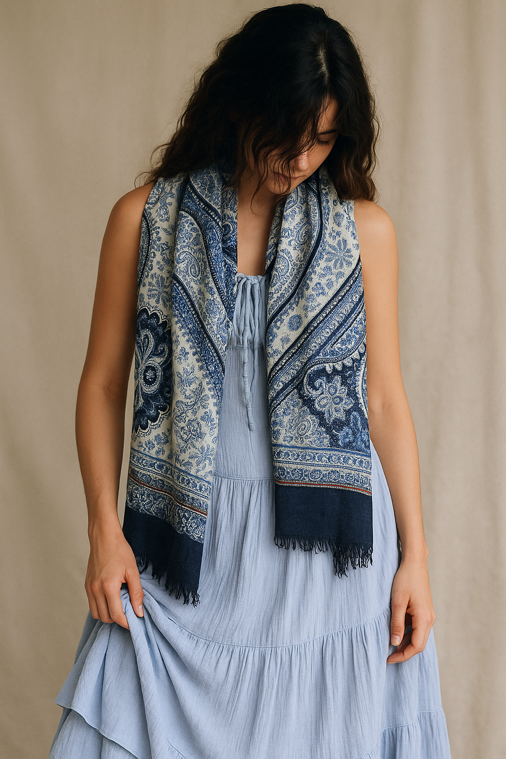Paisley Patchwork Frayed Scarf - Corn Flower Blue