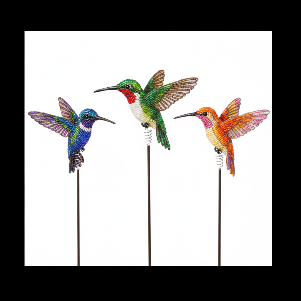 Set of 3 hummingbird garden stakes with colorful beaded glass and acrylic designs on white background