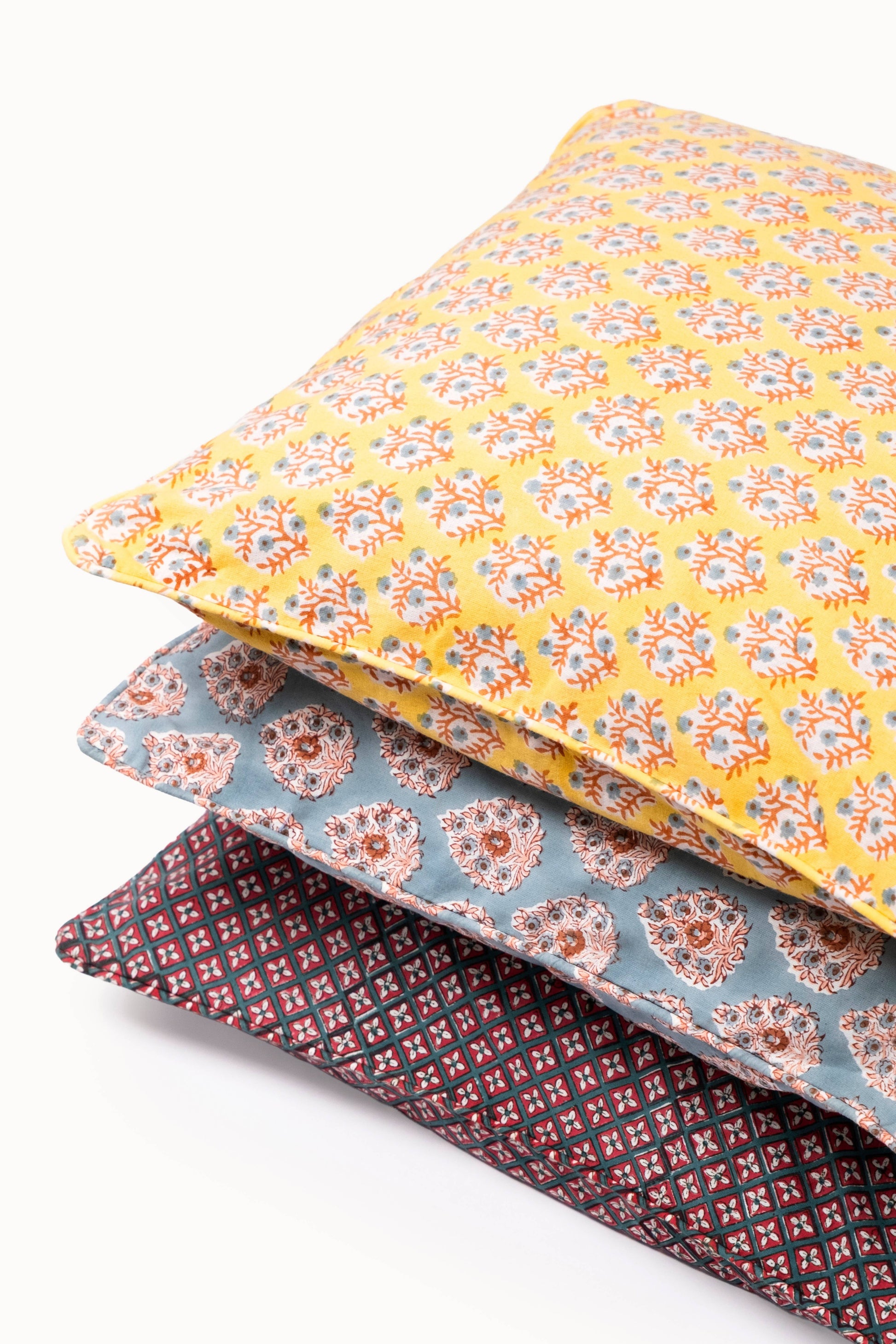 Mogra Golden Yellow Piped Blockprint Pillow Cover