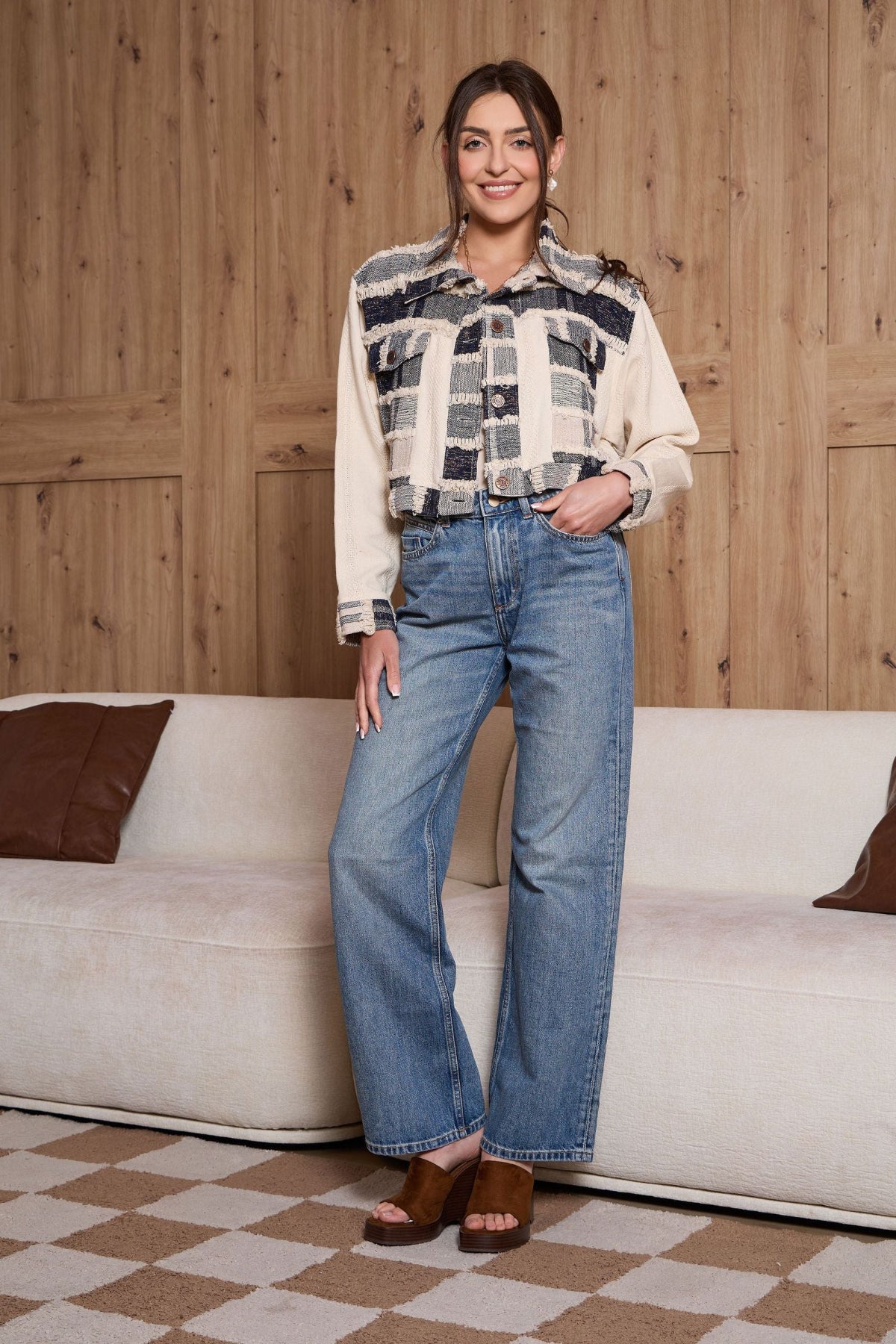 Patchwork Tweed Denim Jacket - IVORY