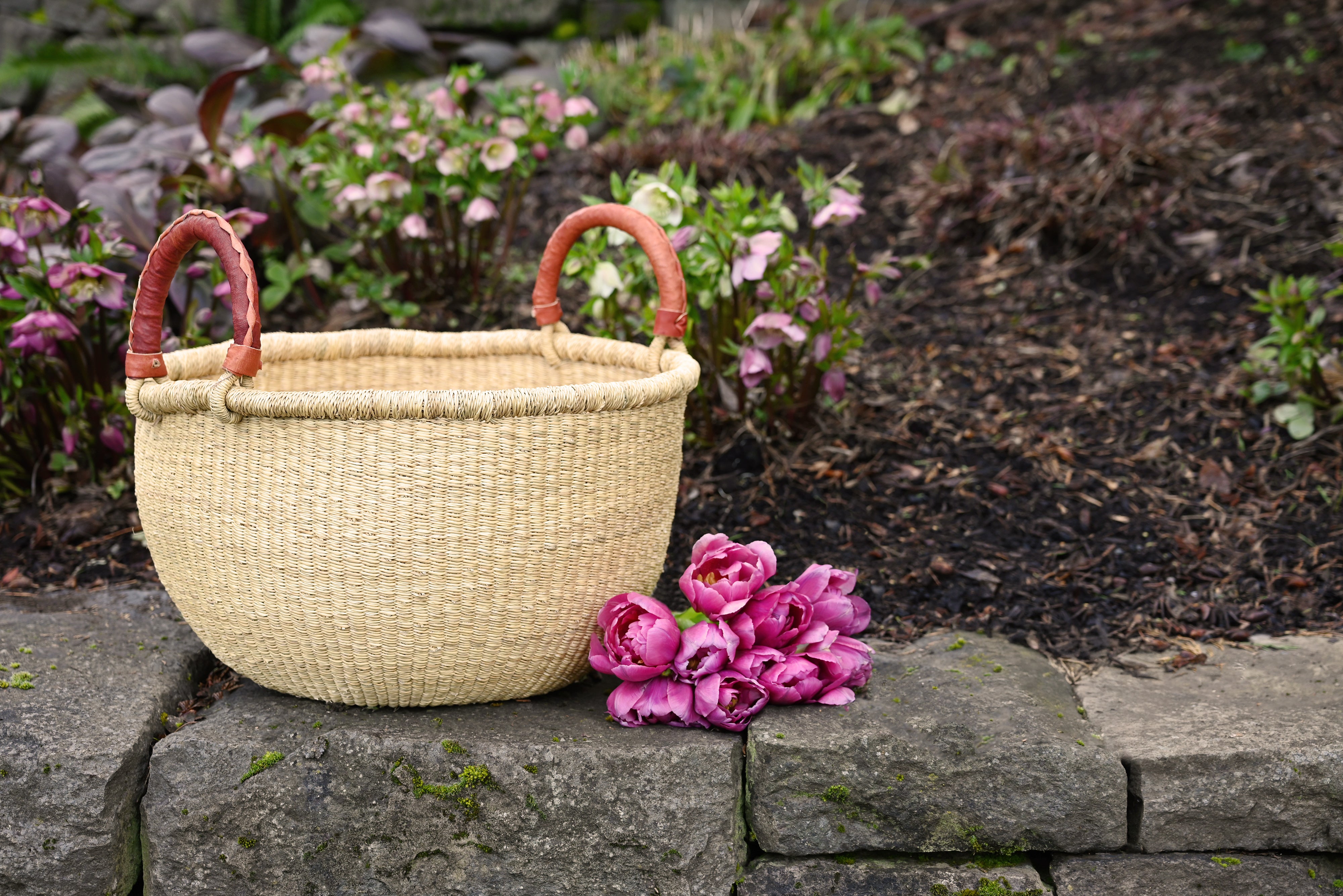 All Natural Bolga Basket with Leather Wrapped Handles