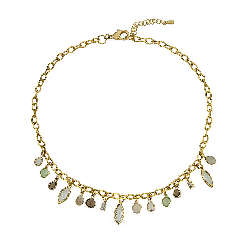 Single strand Gemstone Charm Necklace with gold chain and neutral gemstone charms, handcrafted by Loni Paul Jewelry.