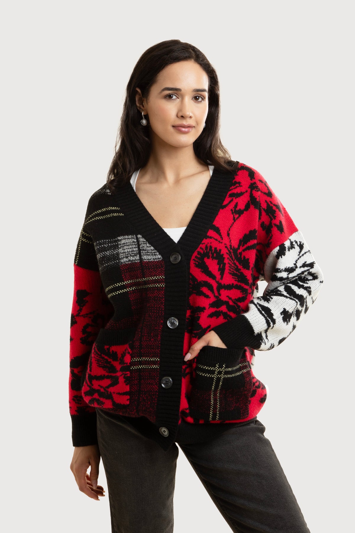 Floral Plaid Cardigan - Red