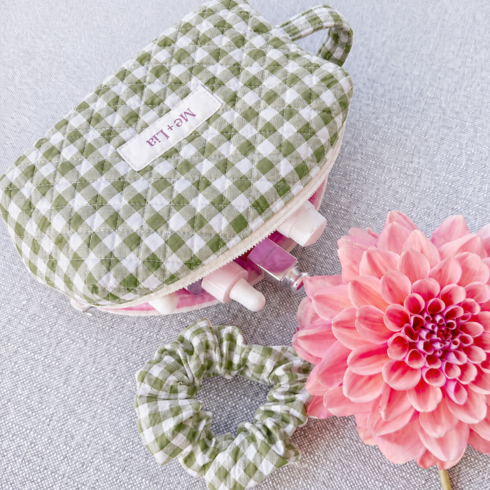 Gingham Matcha Make-up Pouch Small — green gingham cotton cosmetic pouch with zip