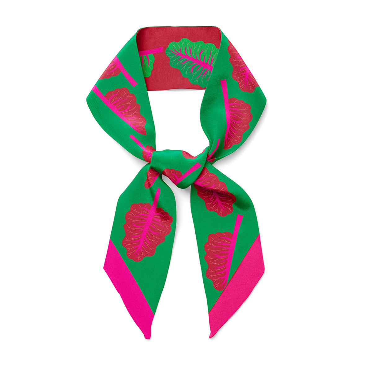 A twilly bow ribbon silk scarf with red chard and neon pink details. Double sided