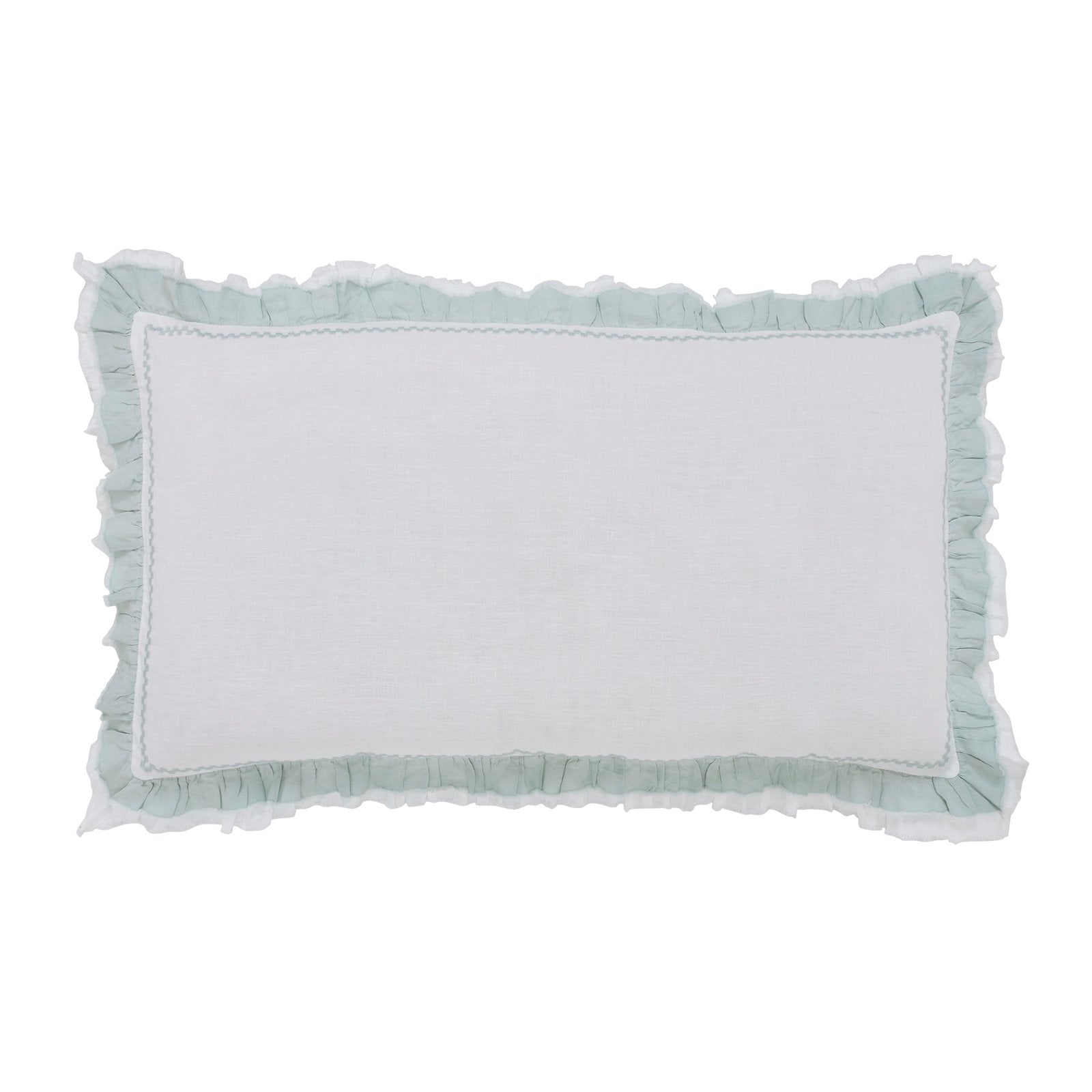 KS-029-2036_1|White linen duvet cover, designed with elegant mint green ruffled edges and subtle trim for a refreshing bedroom.