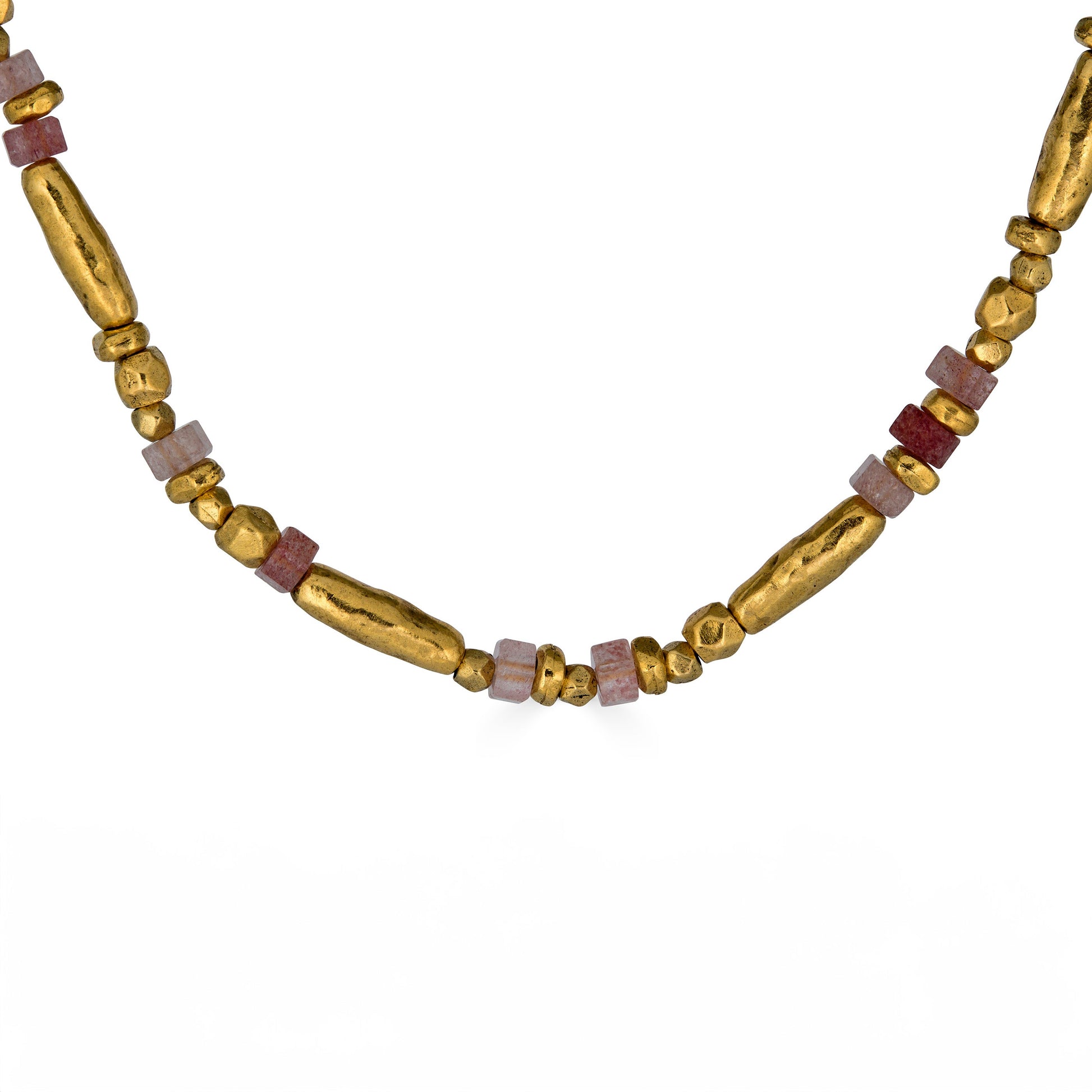 Necklace with pink strawberry quartz beads and organic gold-tone beads in an alternating organic pattern.