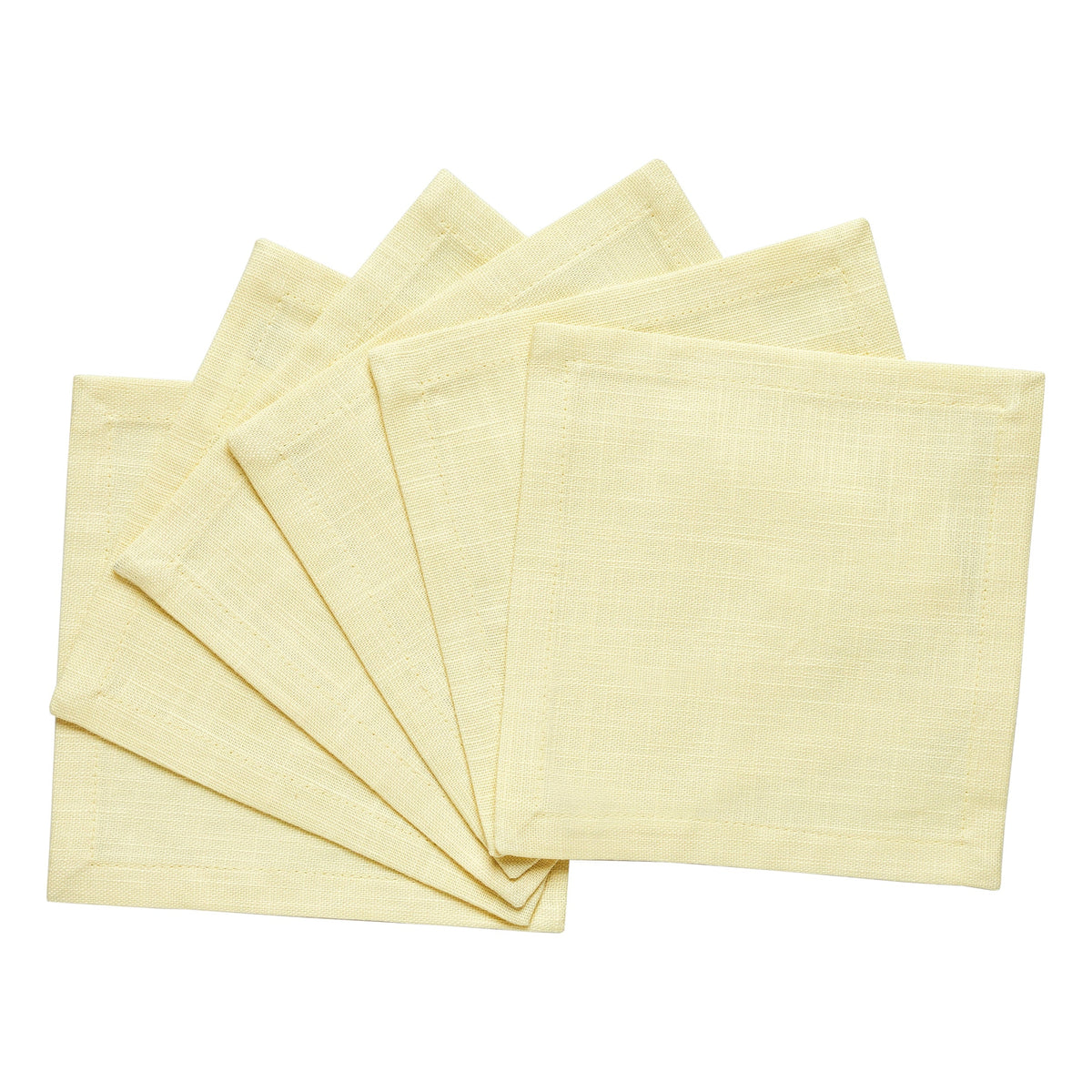 CNP-4907-66_2|Collection of light yellow reusable linen fabric dinner napkins, neatly fanned on a crisp white background for versatile styling.