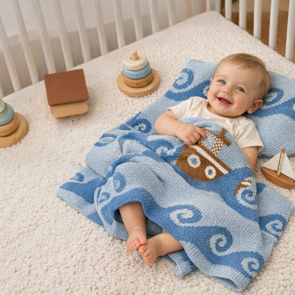 in2green Eco Baby Throws Baby Cotton Knit Coastal Blanket - Boats 601570194870 BB02BT1
