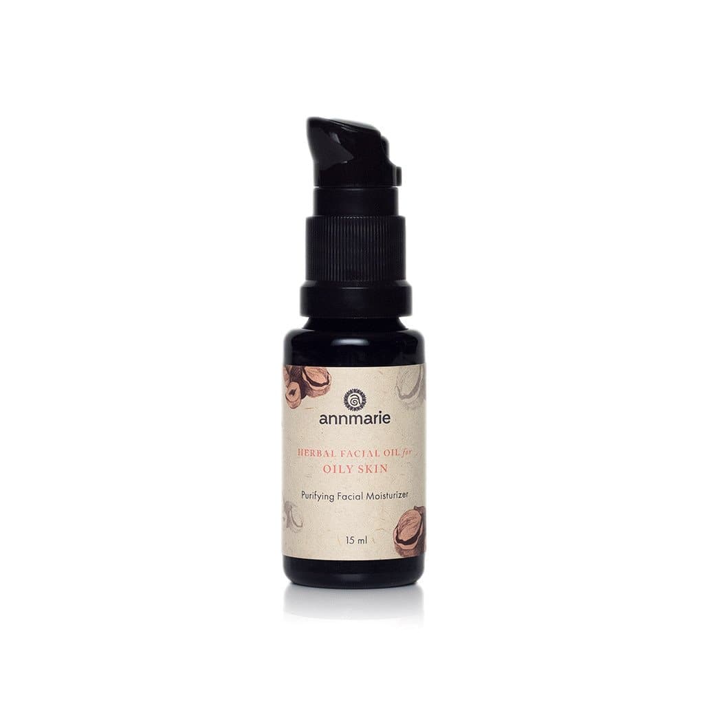 Herbal Facial Oil for oily skin purifying facial moisturizer in dark glass pump bottle, 15 ml.