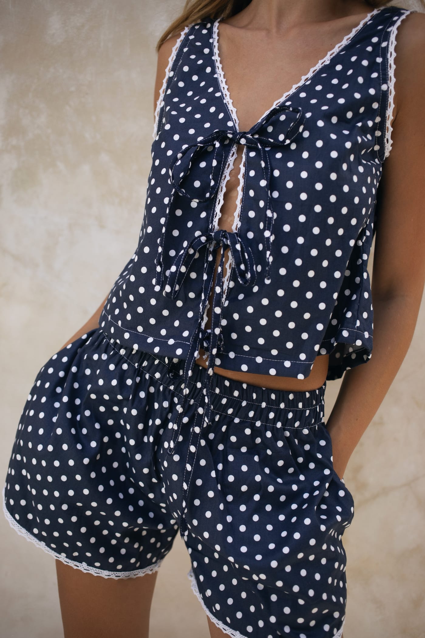 Celeste Lounge Set Navy side view — cotton holiday lounge set with elasticated waistband