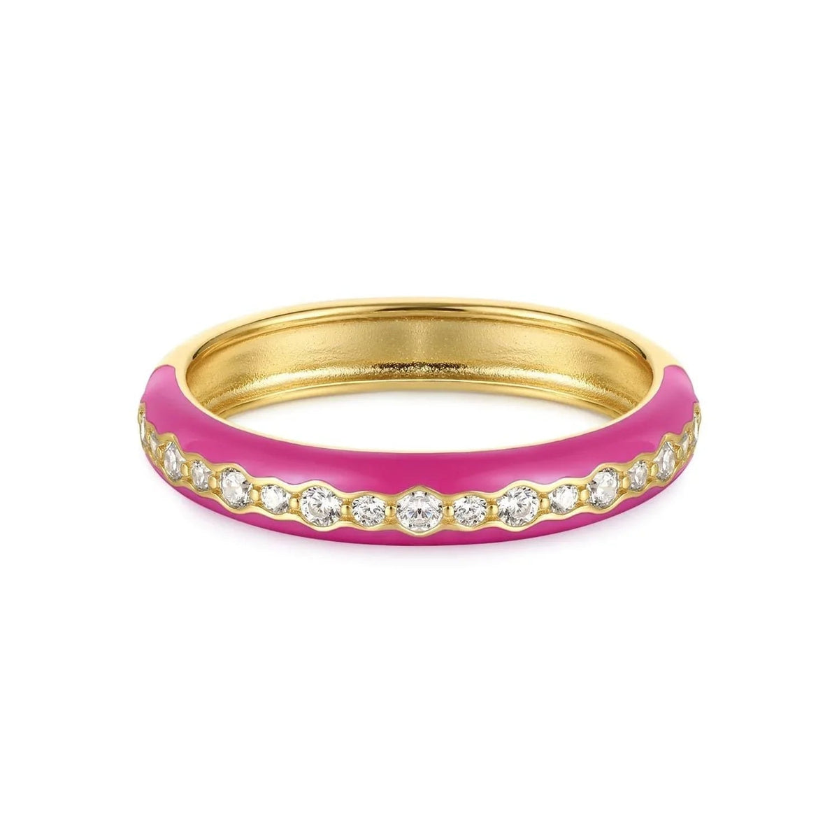 Gold ring with pink enamel and diamonds from Thin Pink Enamel & CZ Channel Ring collection