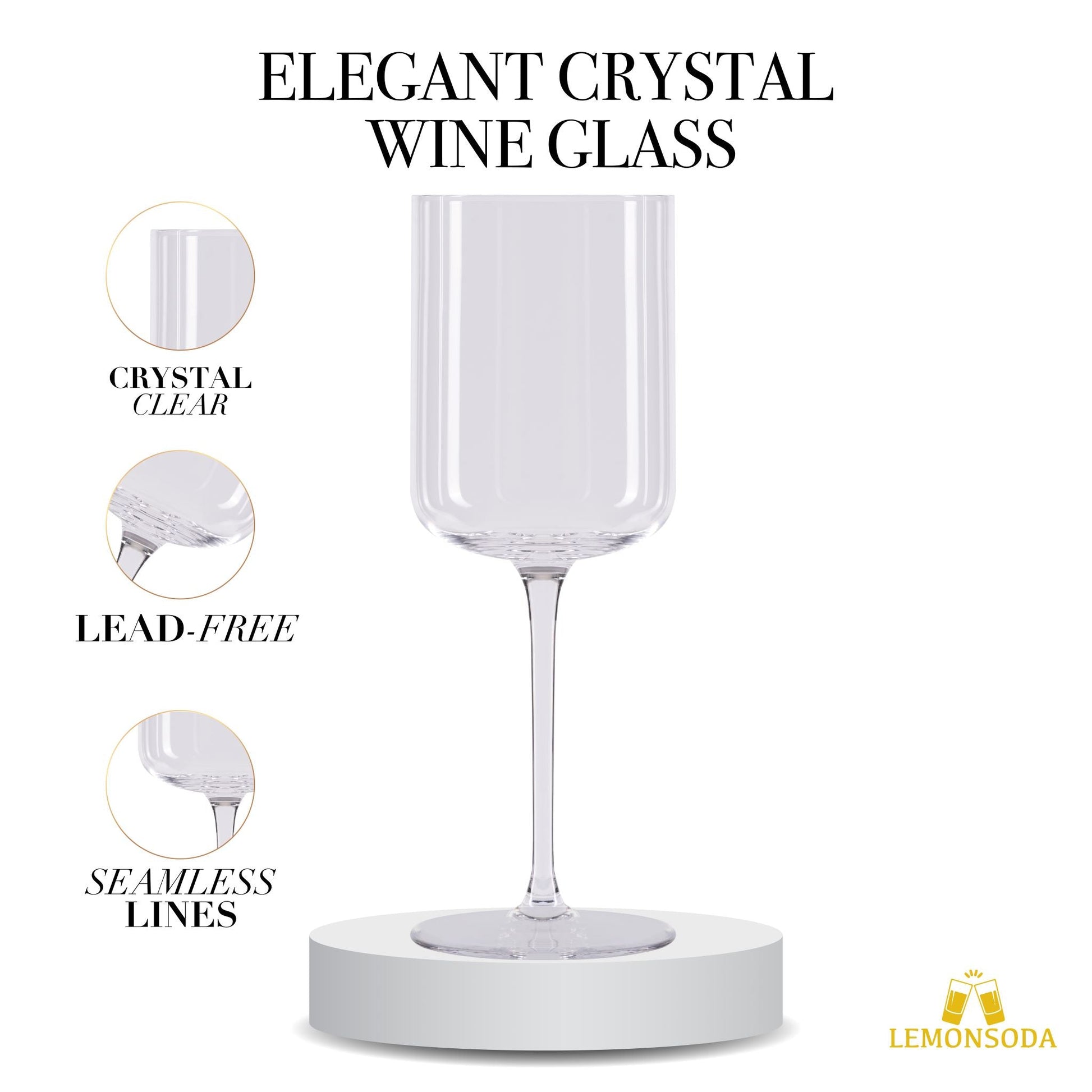 LEMONSODA Elegant Crystal Straight Edge Design - Set of 4 Wine Glasses (15oz) - Lemonsoda