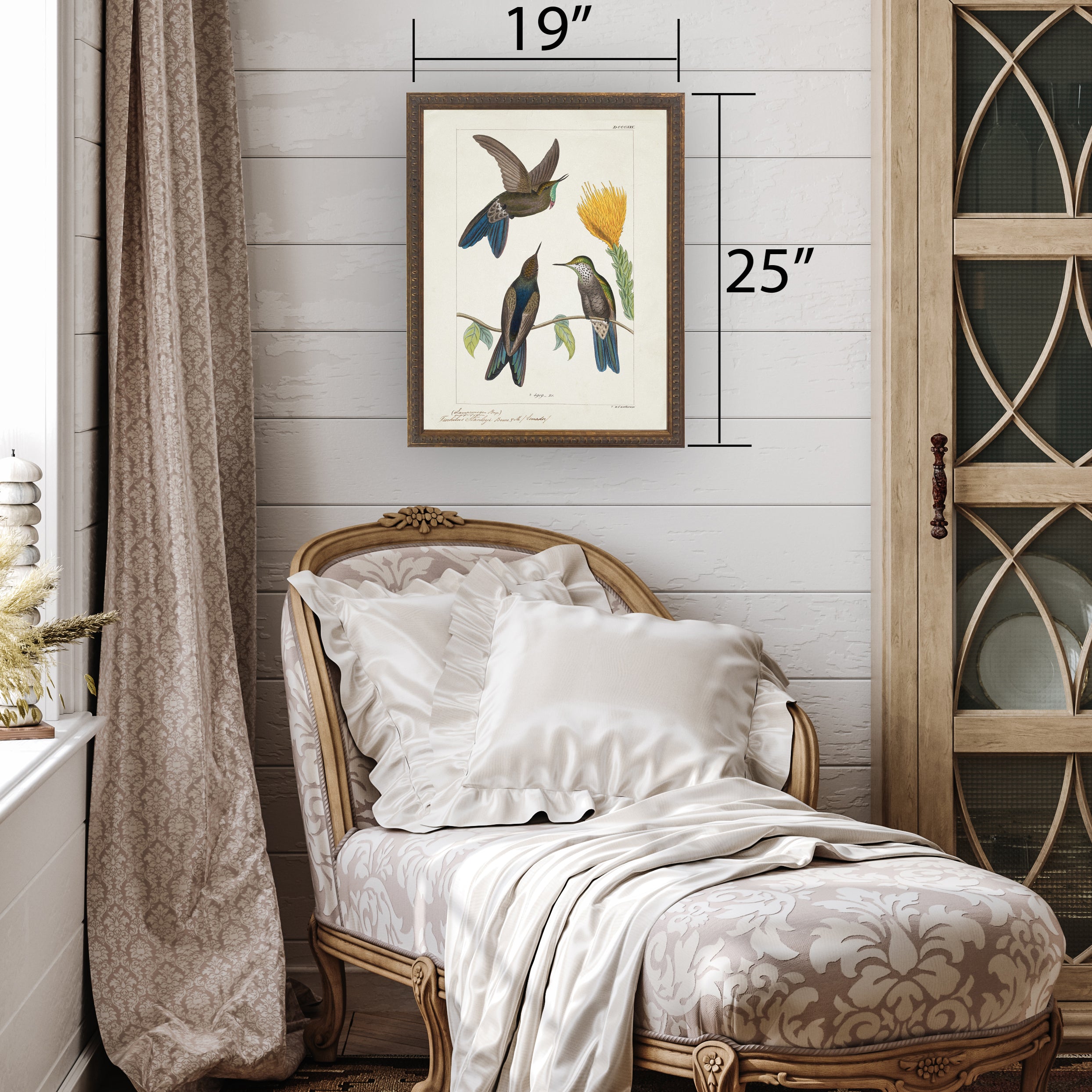 Hummingbirds Around Yellow Flower in Bronze-Beaded Frame