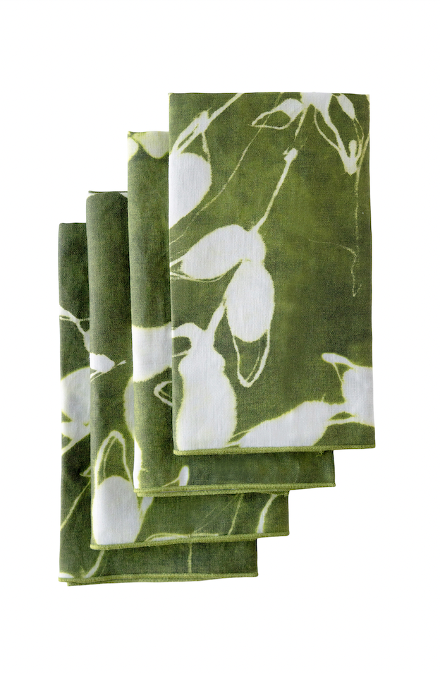 Porto Print Olive linen dinner napkin set of 4 with hand-painted cascading floral pattern in earthy olive green - Goldie Home