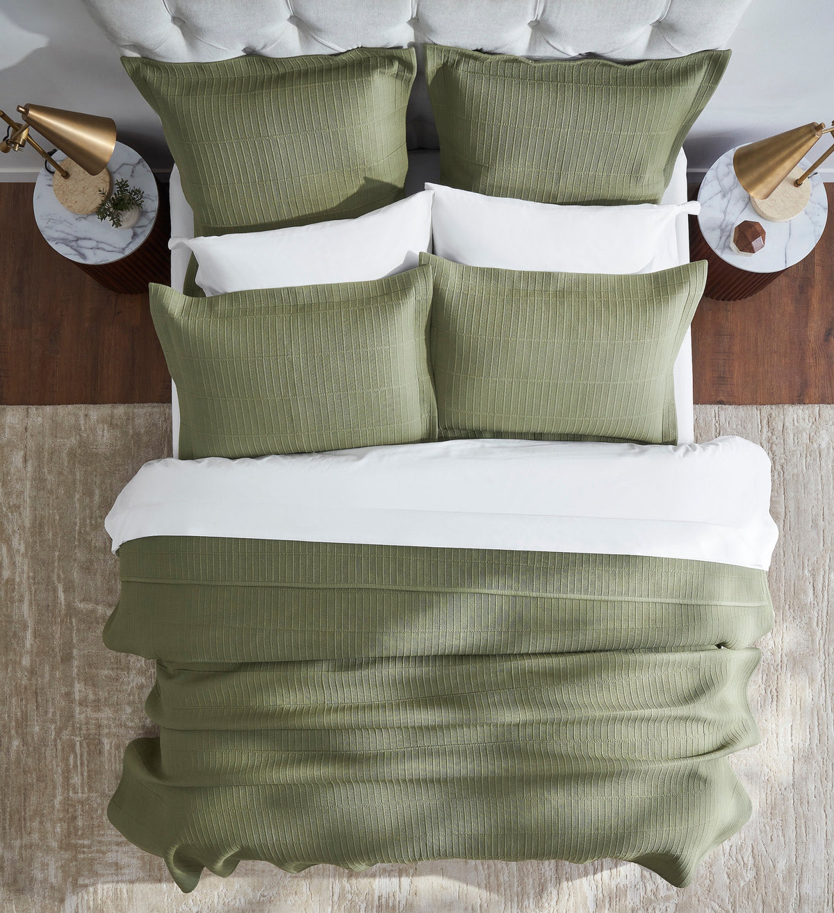 CL-270-11096_4|Overhead shot of a beautiful sage green textured coverlet. Grid pattern offers warmth, style, and a chic aesthetic.