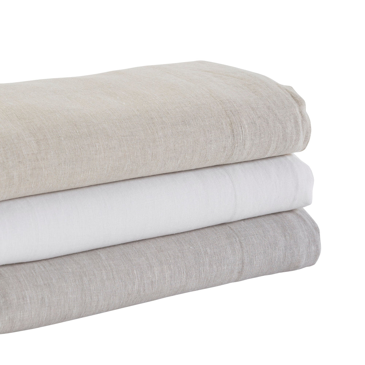 QSS-514-X_2|Stack of folded 100% linen sheets in natural, white, and light grey hues, emphasizing premium quality and comfort.