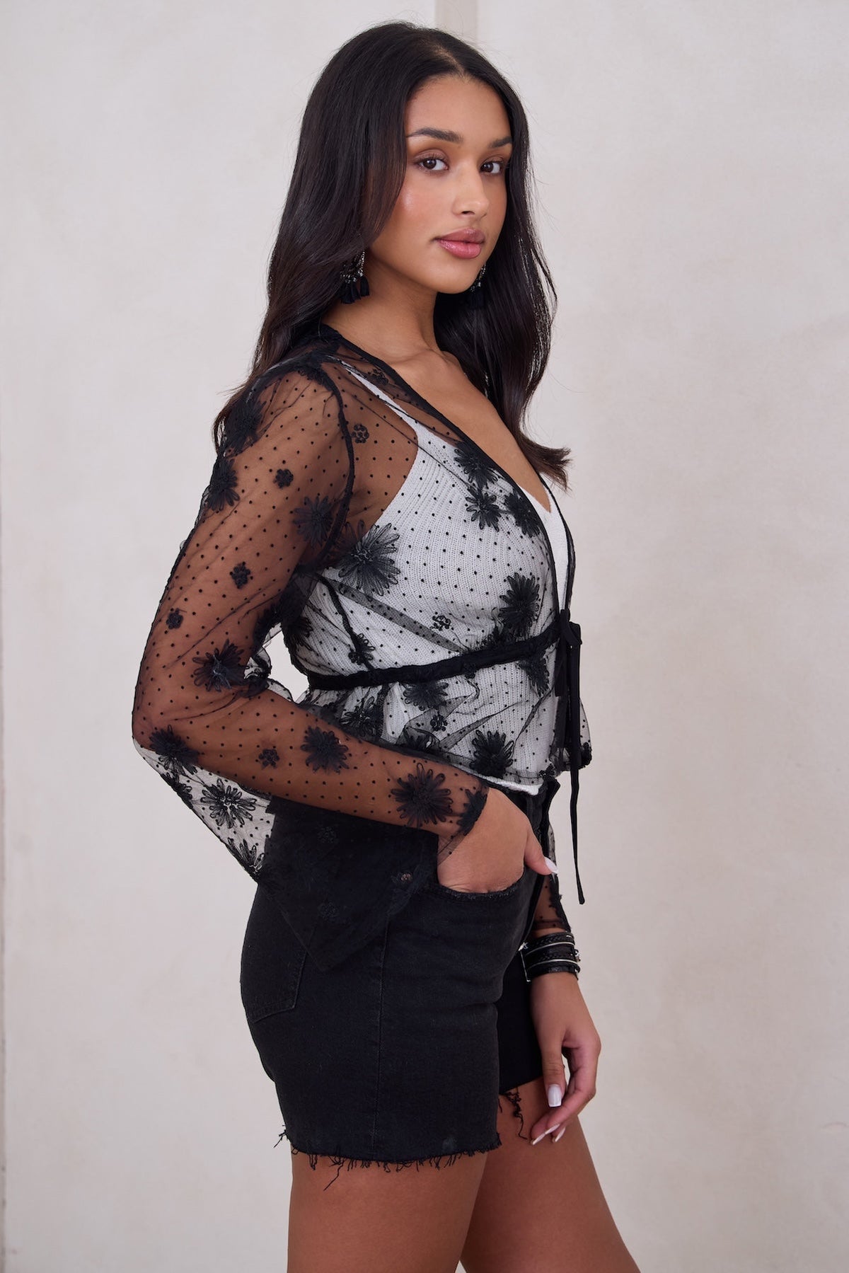 Floral Mesh Tie Top - Black