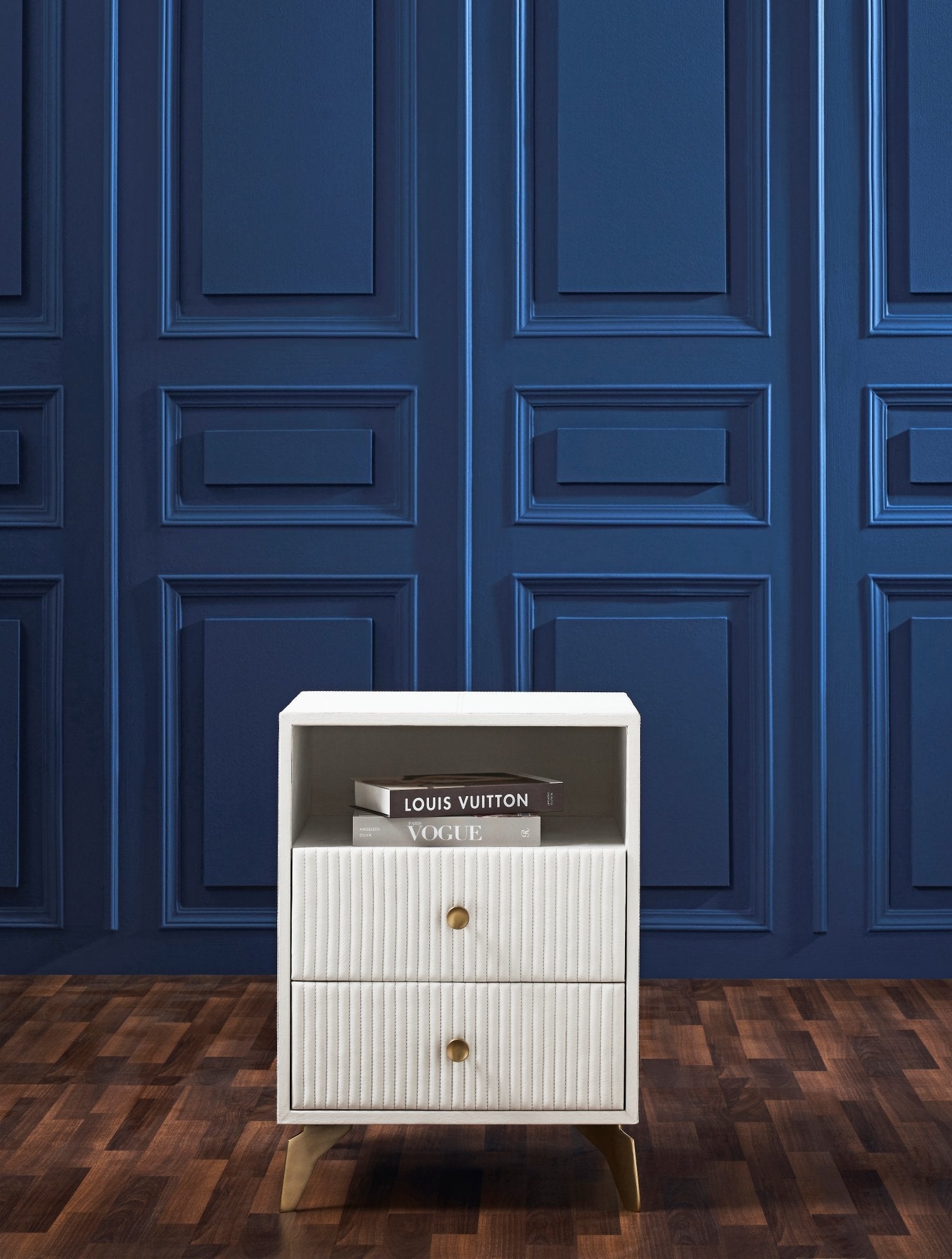FN-5203-201828_3|Luxurious white leather nightstand featuring modern channel-tufted drawers and elegant gold-finished knob pulls. Ideal for bedroom.