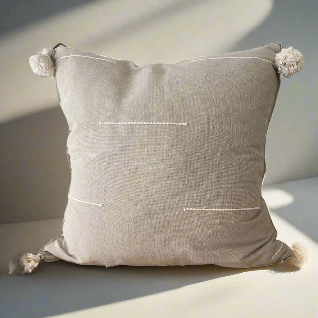 Cotton Tassel Pillow with Embroidered Detail