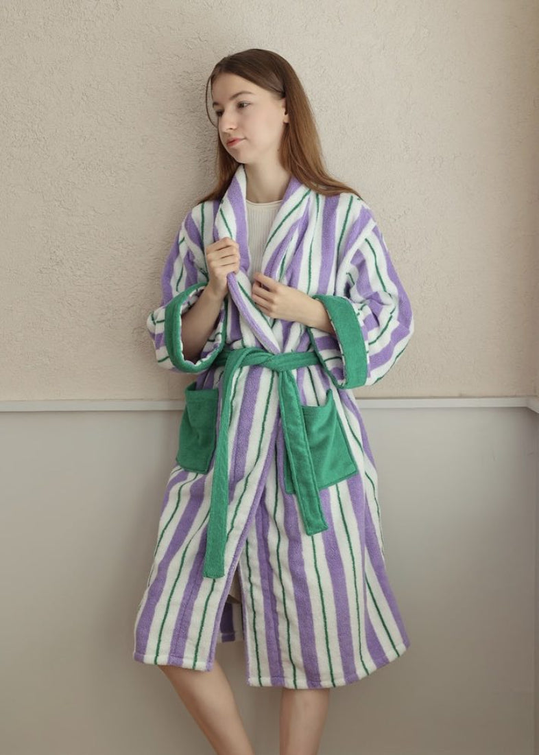 Ultra Soft Whimsical Retro Stripe Bathrobe - 100% Organic Long - stapled Cotton - Whimsical Retro Stripe Bathrobe - INSPECIAL HOME