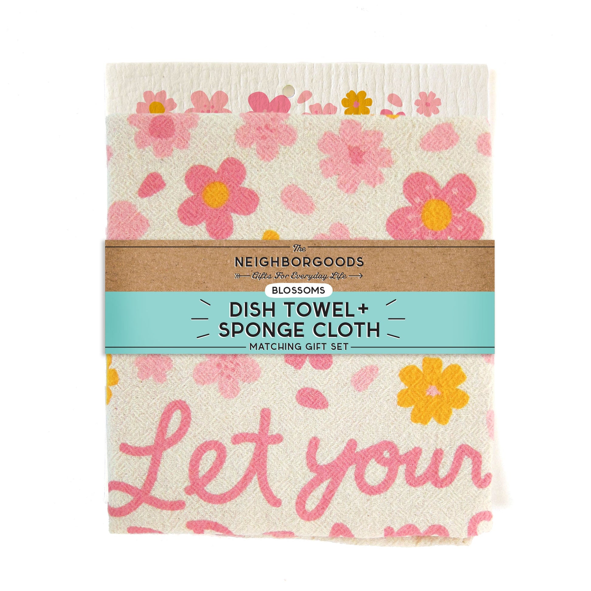 Back of matching dish towel and sponge cloth set with blossoms design, featuring the phrase "Let your dreams blossom"