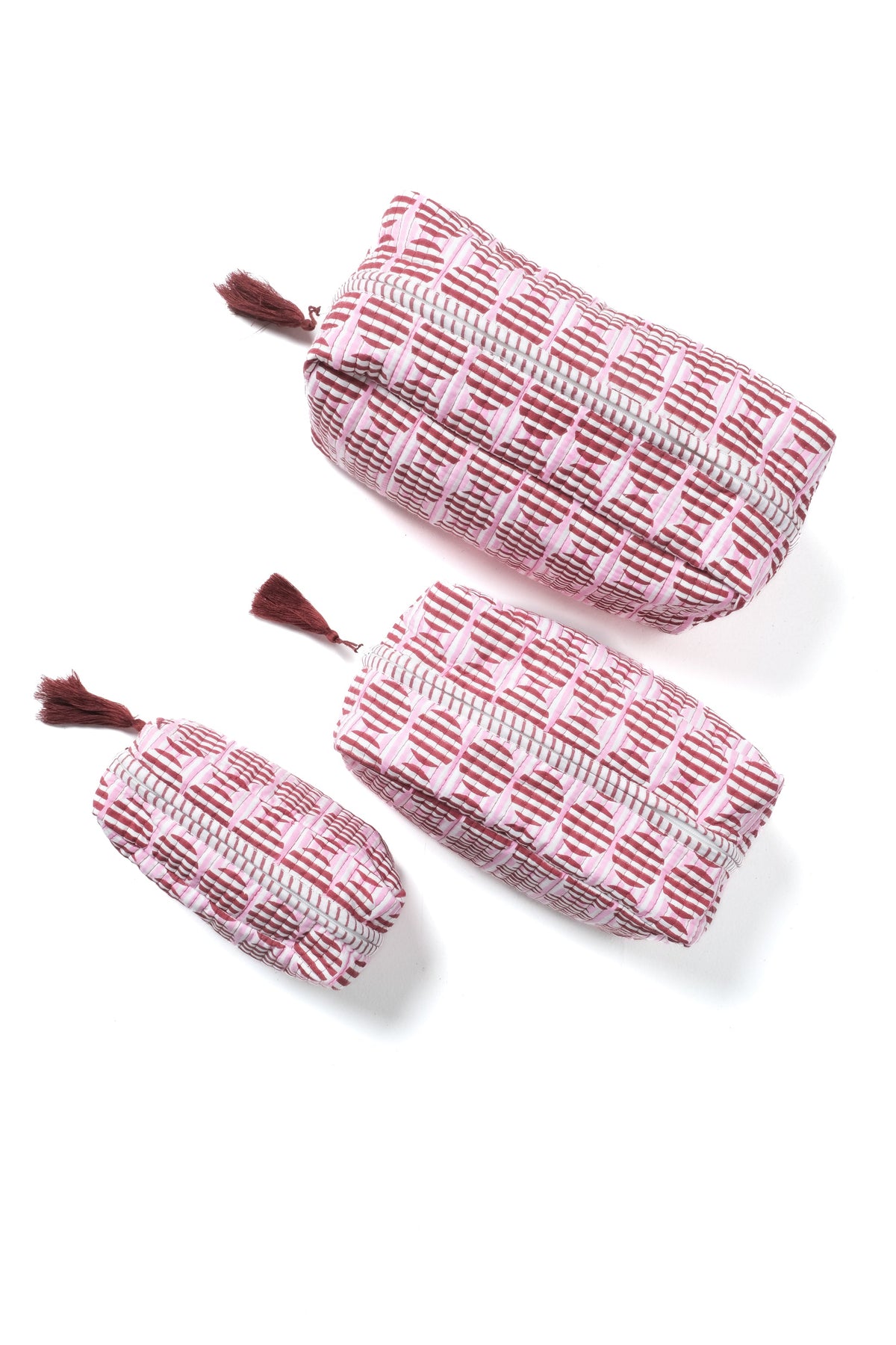 Inner Child burgundy pink striped circle blockprint makeup bags with tassels