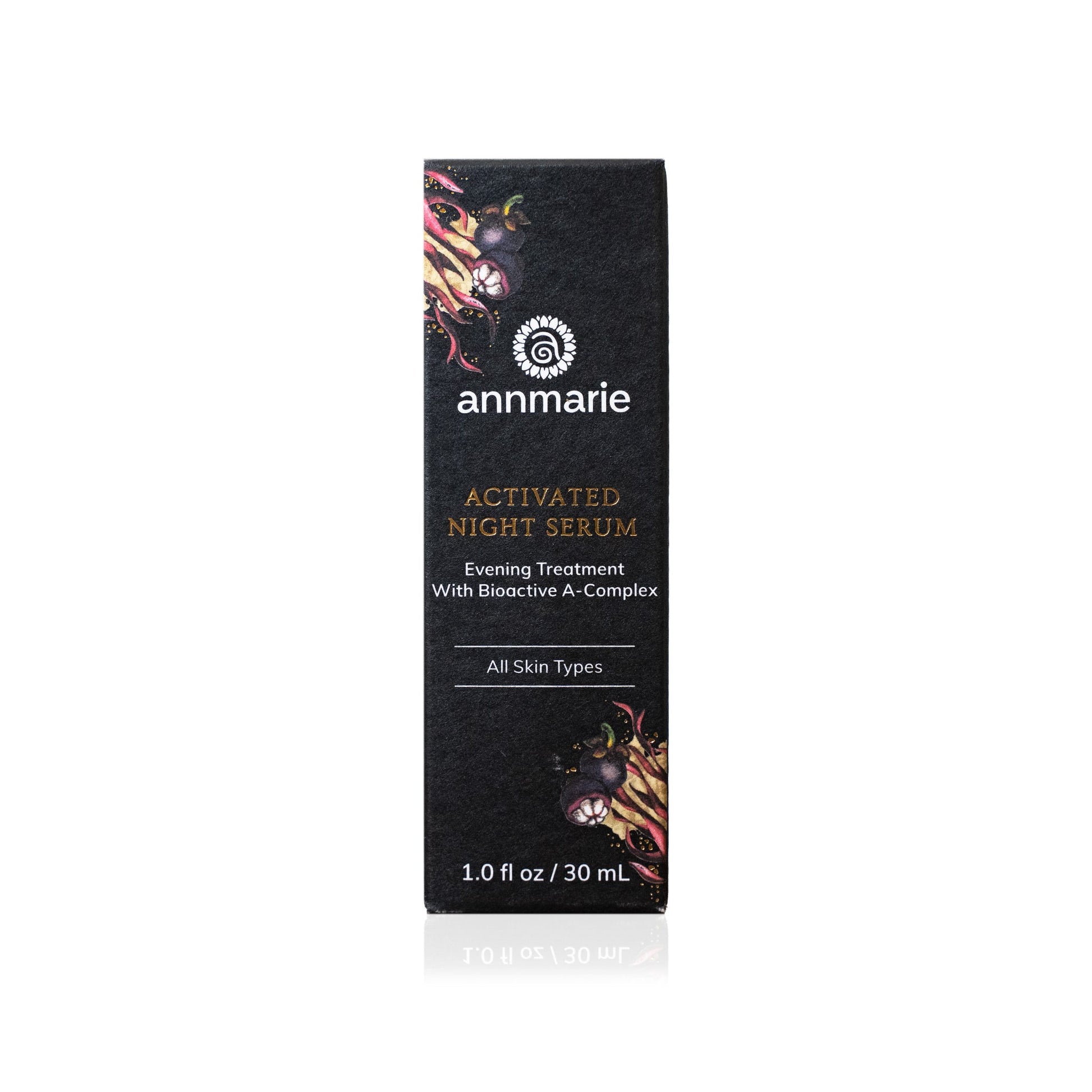 Activated Night Serum box packaging featuring evening treatment with Bioactive A-Complex for all skin types, 1.0 fl oz / 30 mL
