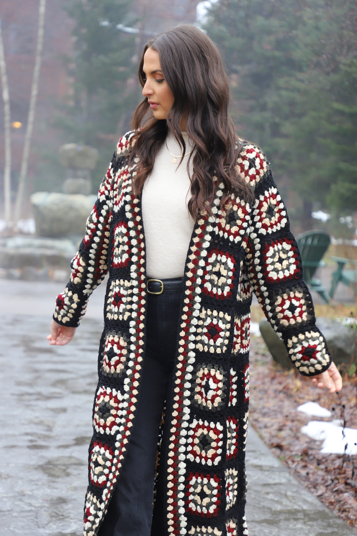 Crochet Kimono Long Cardigan Sweater - Black