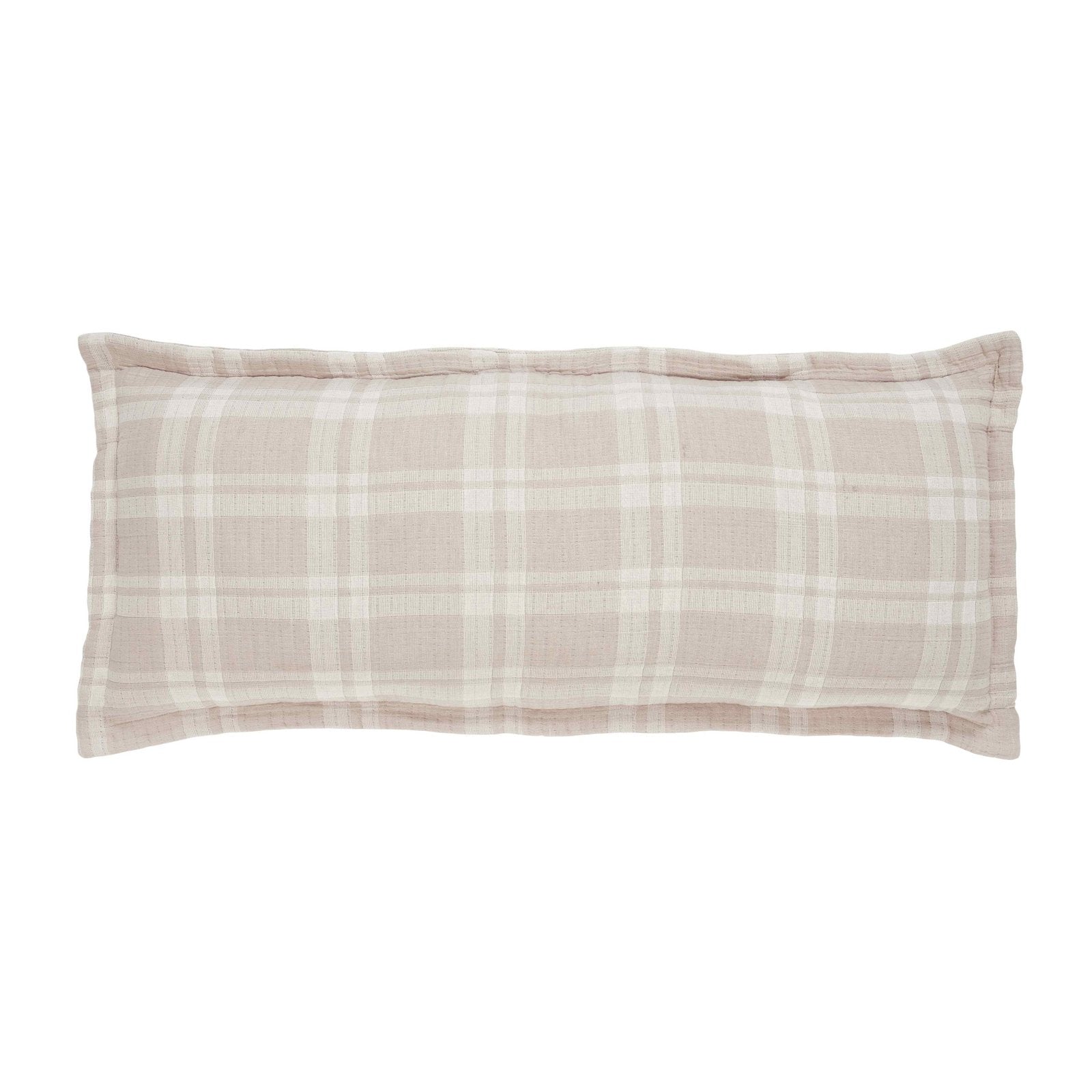 TP-118-1640_1|Cozy neutral plaid pillow featuring a soft, textured fabric and subtle pattern, ideal for a warm bedroom aesthetic.