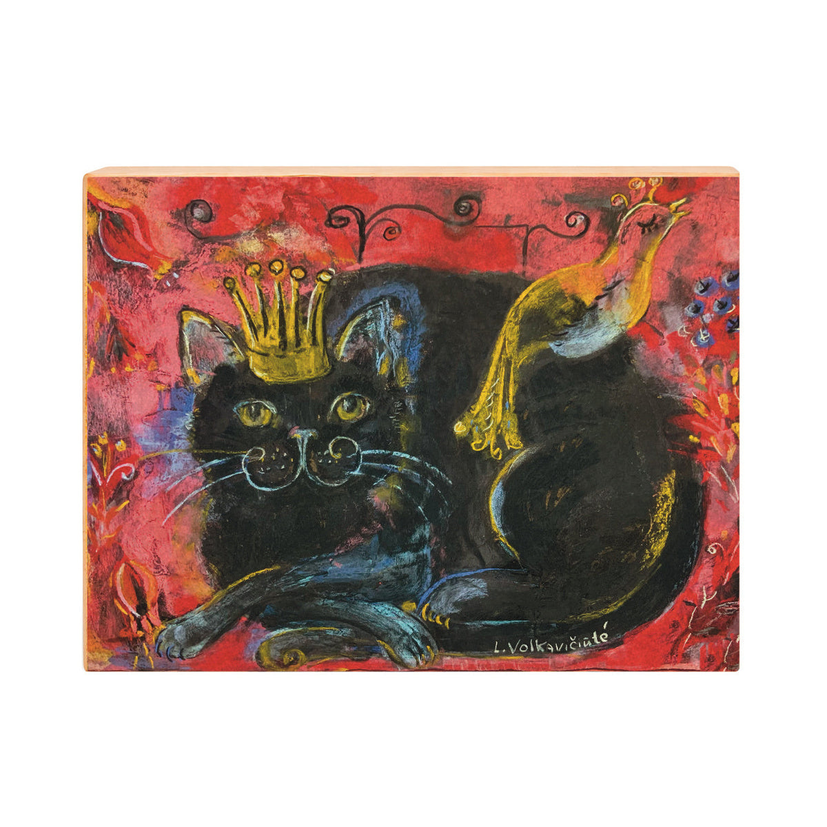 Crowned black cat with bird red folk art print, front view on gesso board