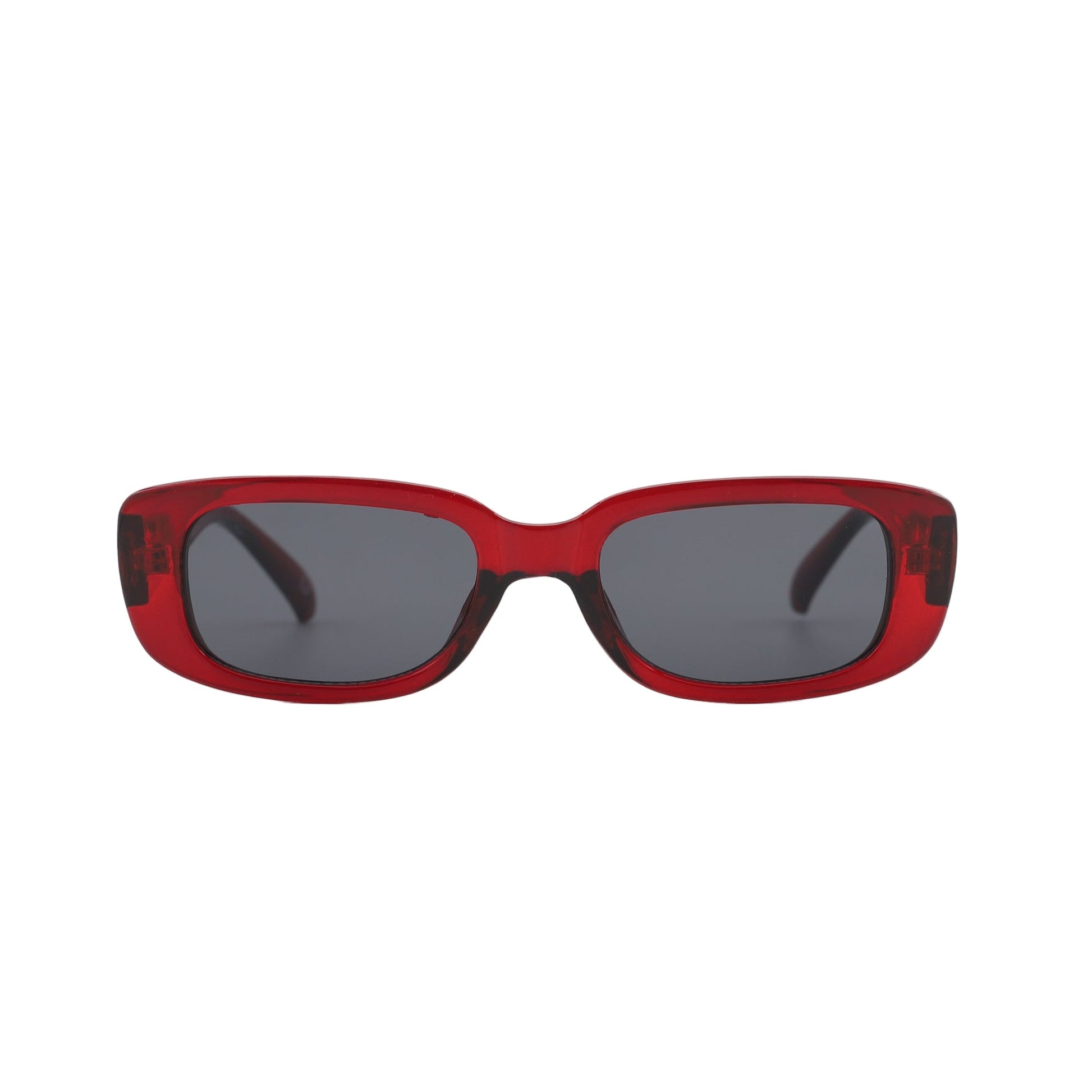Red sunglasses with dark lenses on a white background