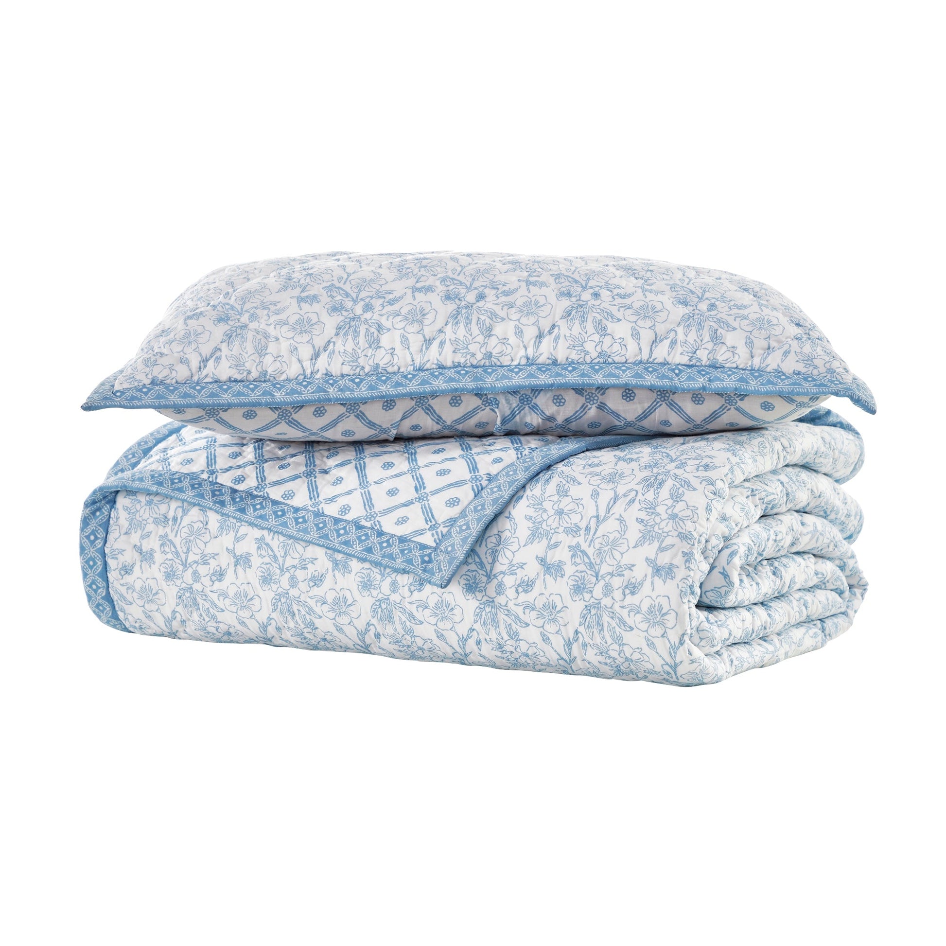 QT-345-11096_6|Blue floral quilt and pillow set. Reversible intricate blue geometric pattern border. Soft bedding for bedroom comfort.
