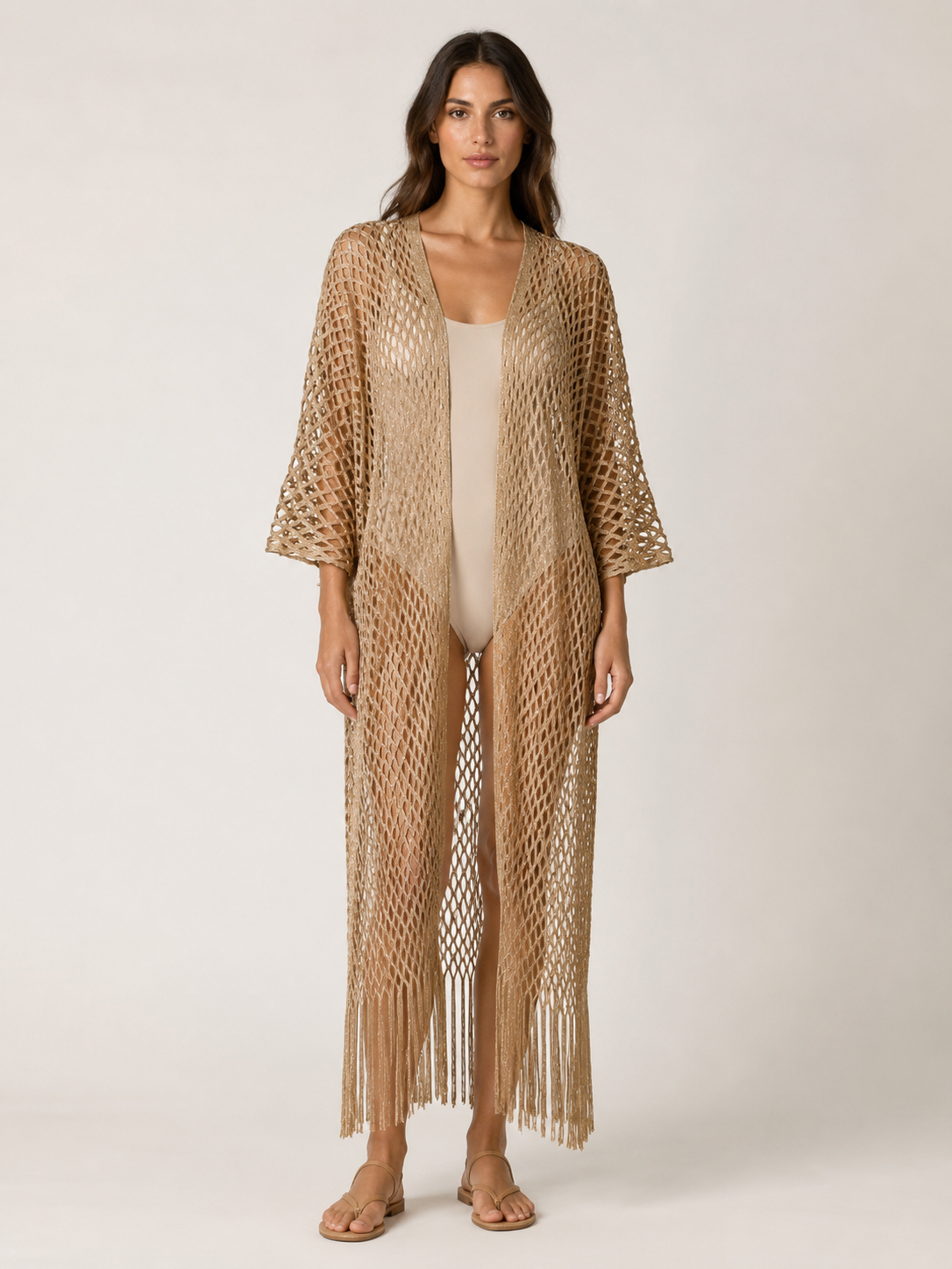 Metallic Fringe Kimono - Metallic Gold