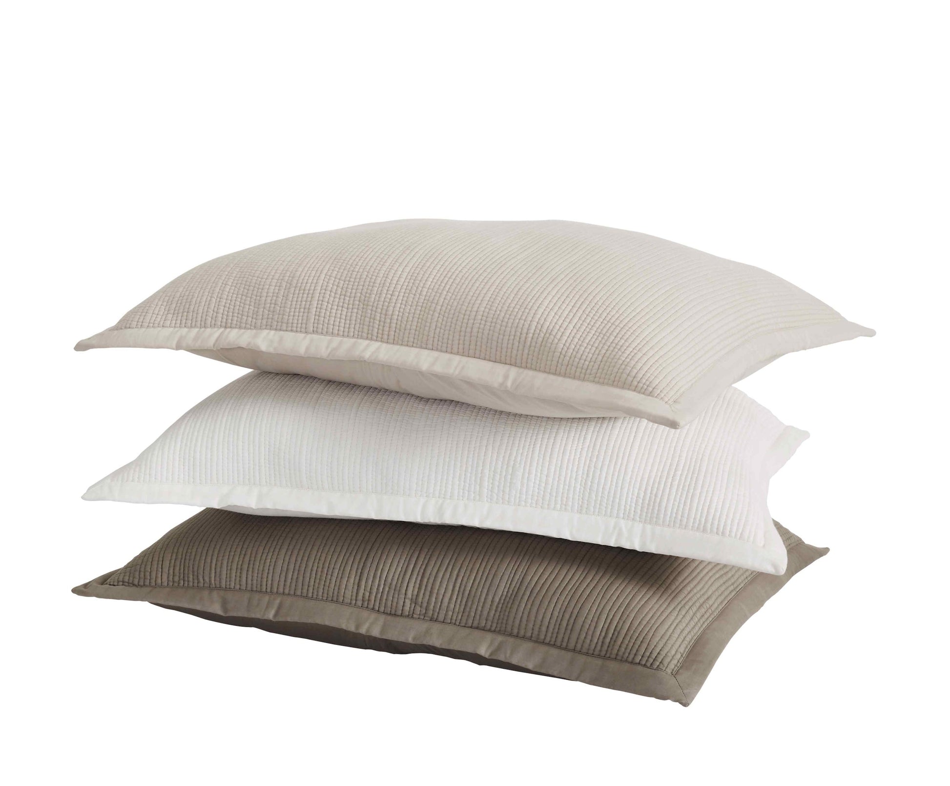 SS-168-DUP-X_1|Stacked light beige, white, and brown quilted coverlet shams with a ribbed texture, stylish bedroom bedding.