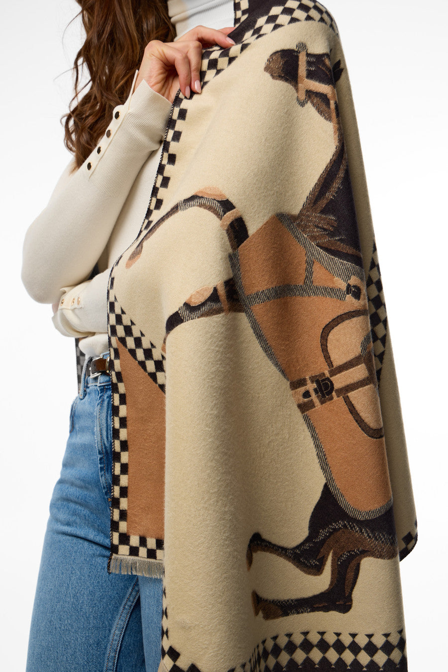 Checkered Equestrian Reversible Scarf - Brown