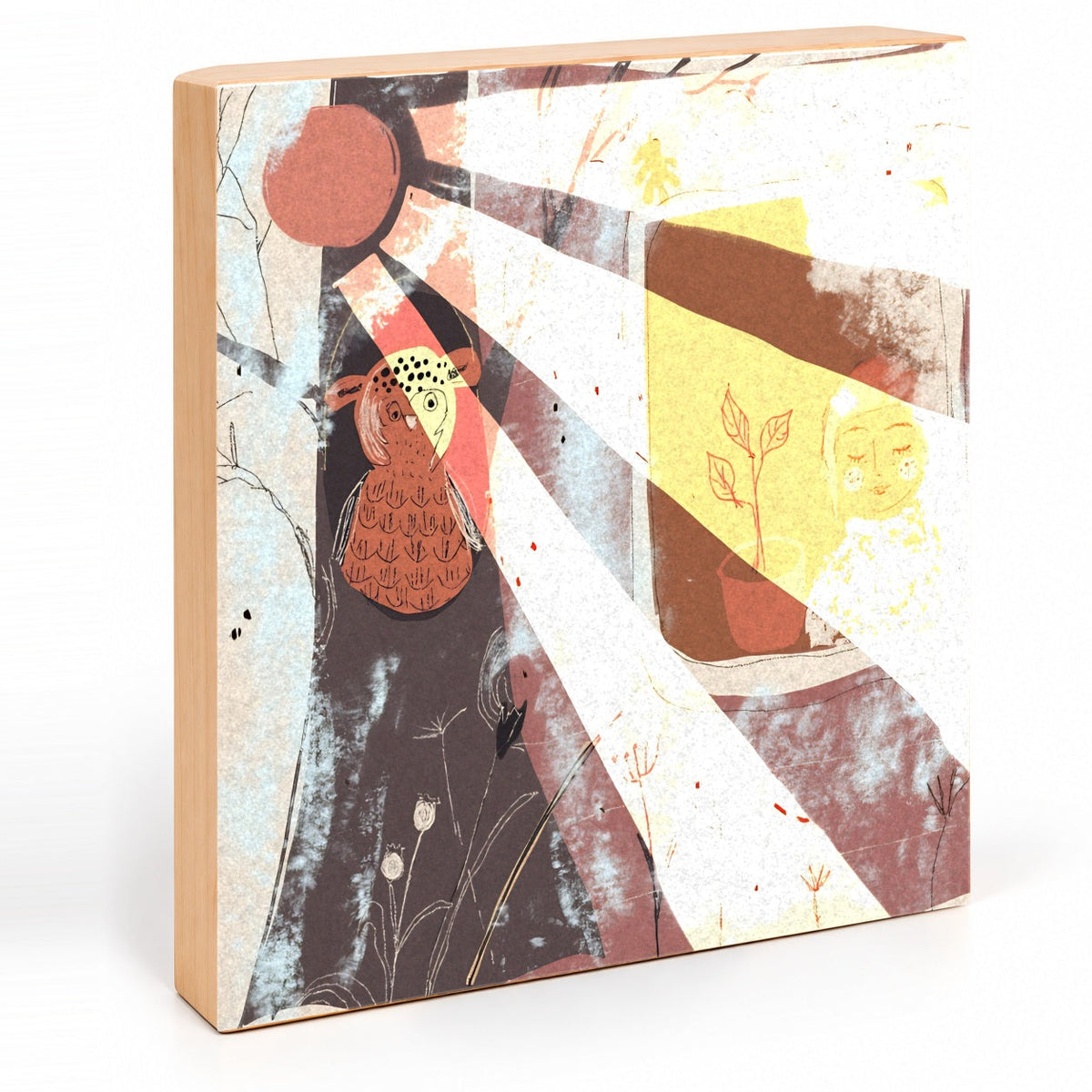 Morning Sunlight girl in window and owl in tree art print, angled view showing natural wood side